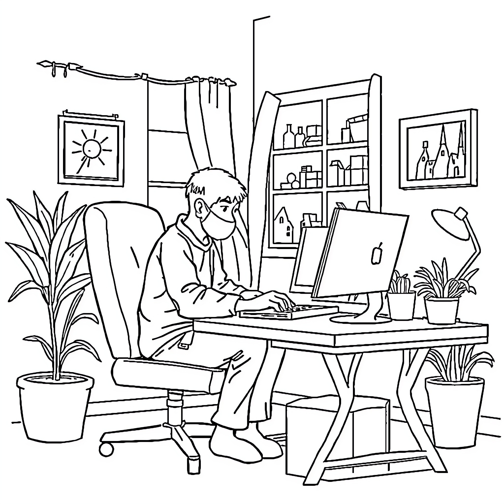 Sister working diligently at her home office Coloring Page (free black-and-white line drawing printable PDF for all, from beginners to advanced learners, including children, teens, adults, and seniors)