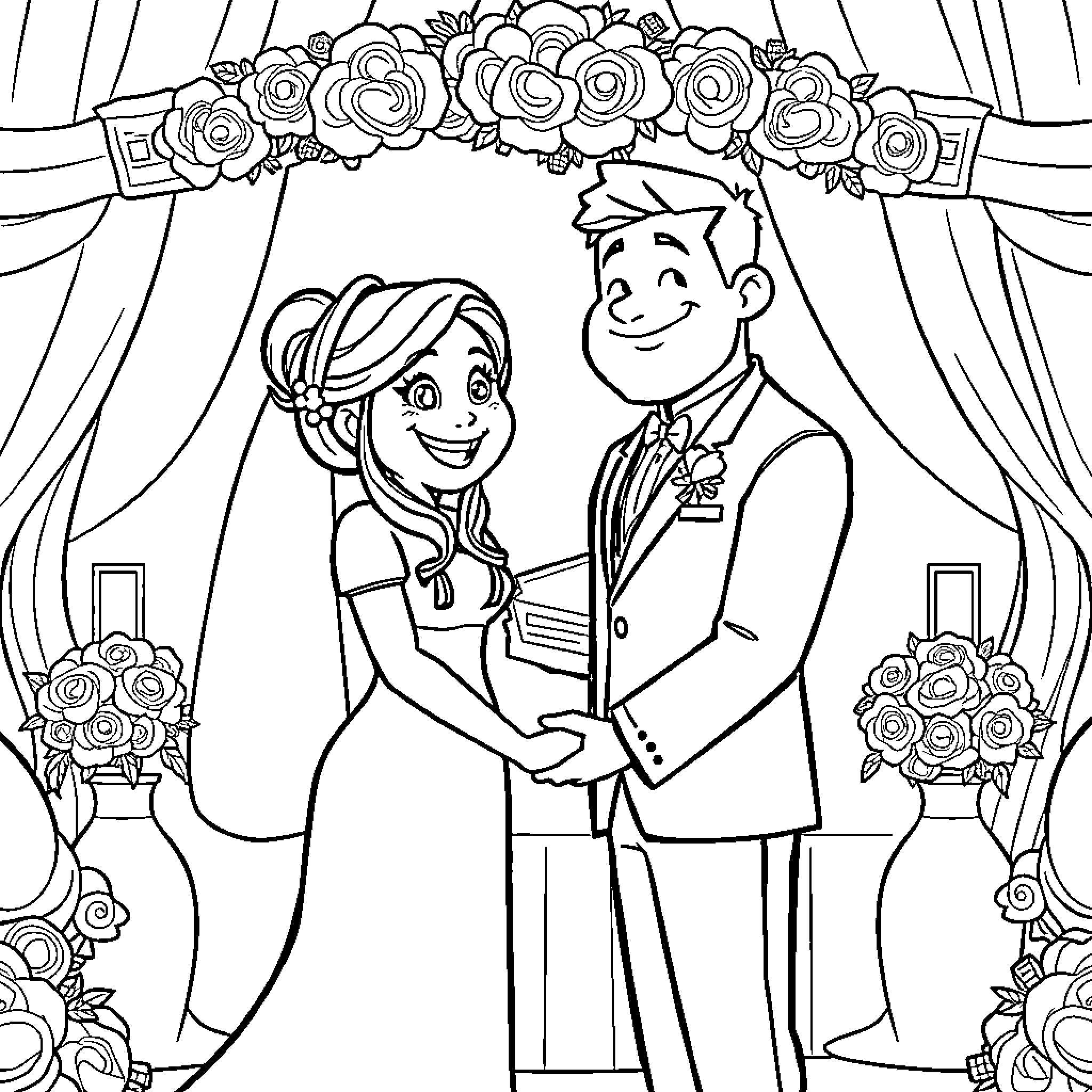 Kim Possible Wedding Celebration Coloring Page (free black-and-white line drawing printable PDF for all, from beginners to advanced learners, including children, teens, adults, and seniors)