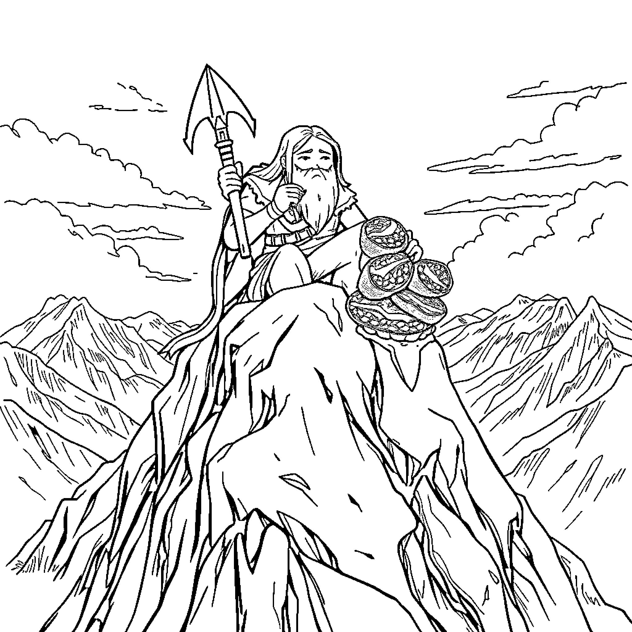 Slayer warrior on top of mountain Coloring Page (free black-and-white line drawing printable PDF for all, from beginners to advanced learners, including children, teens, adults, and seniors)