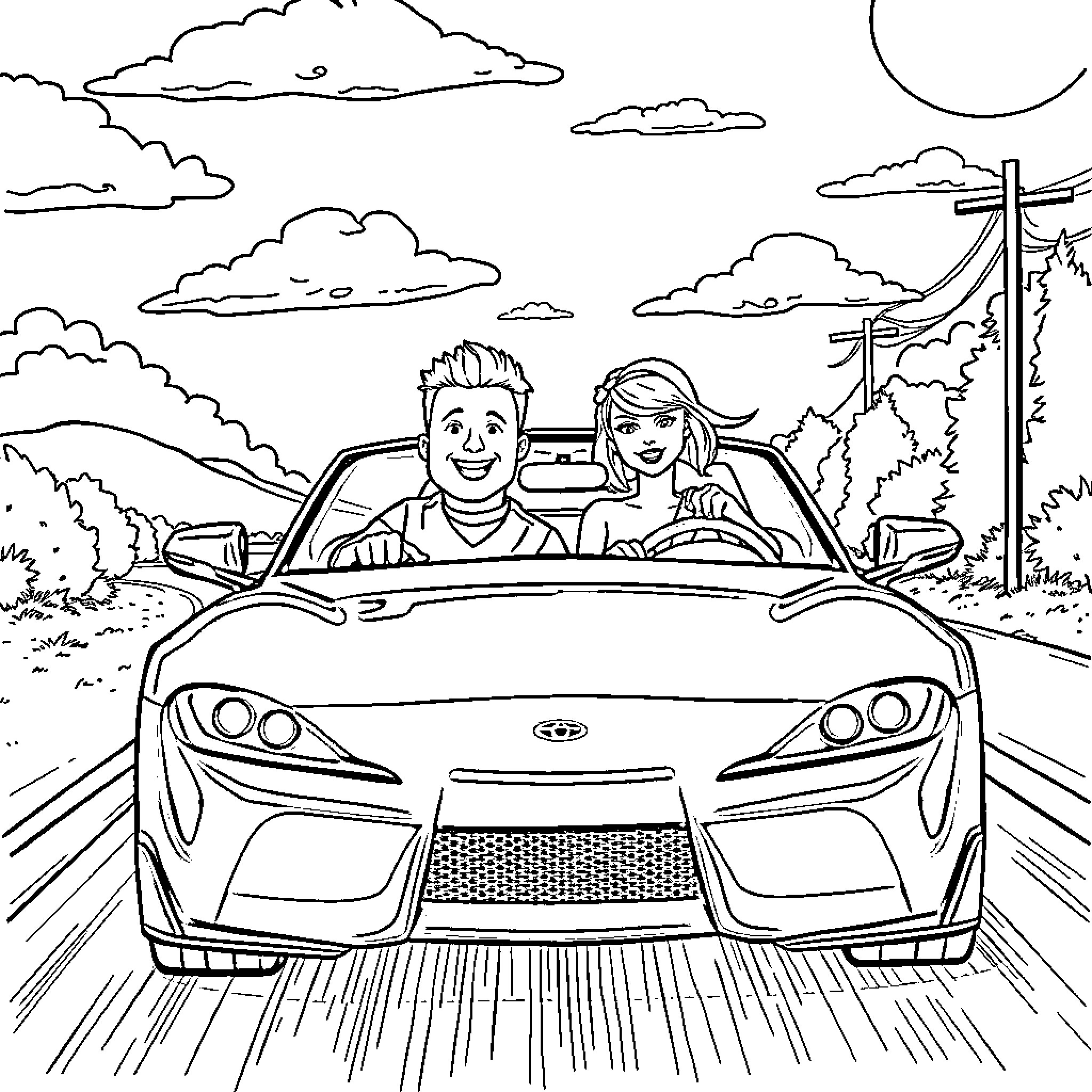 Supra couple driving through the countryside Coloring Page (free black-and-white line drawing printable PDF for all, from beginners to advanced learners, including children, teens, adults, and seniors)