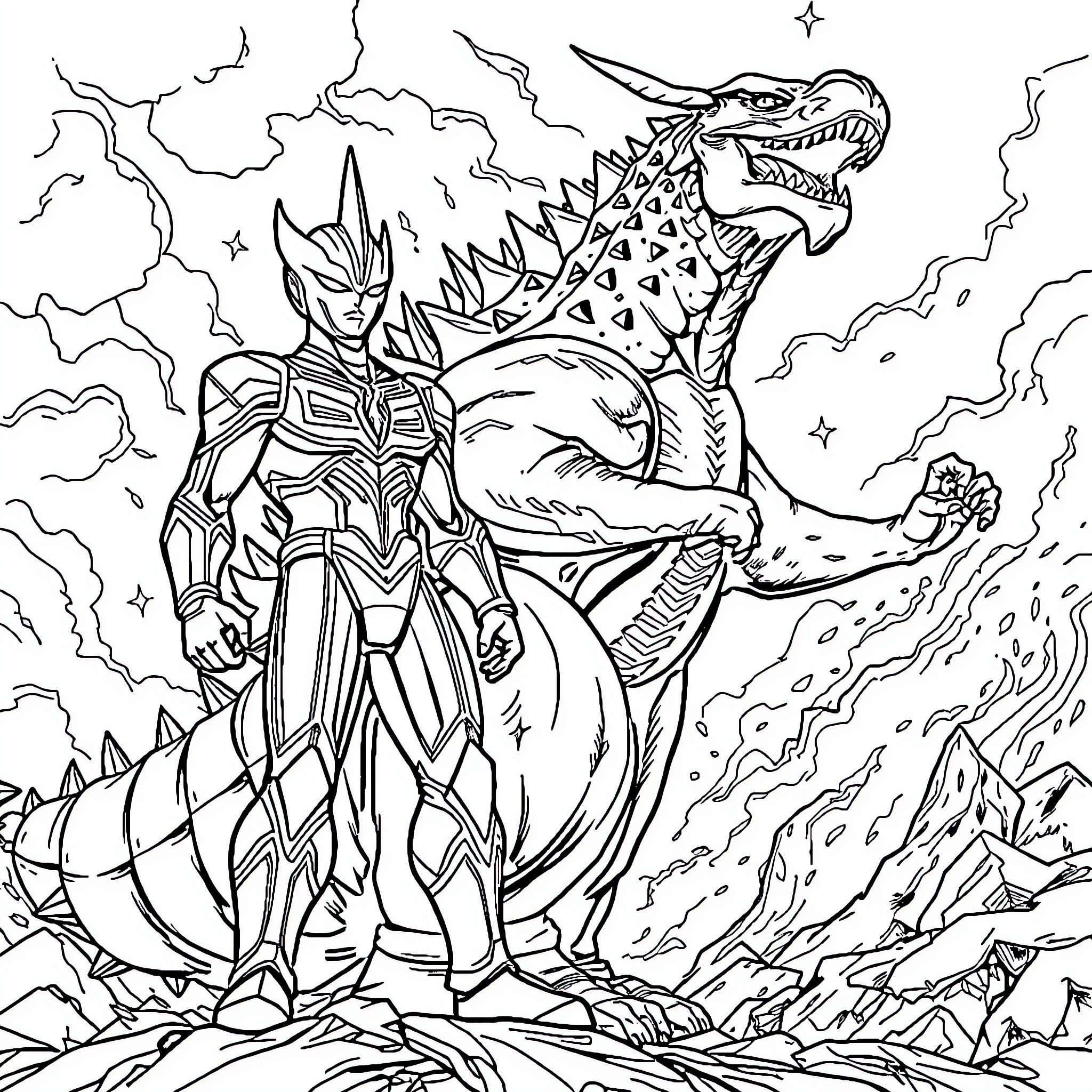 Ultraman battling a fierce dragon in an epic confrontation Coloring Page (free black-and-white line drawing printable PDF for all, from beginners to advanced learners, including children, teens, adults, and seniors)