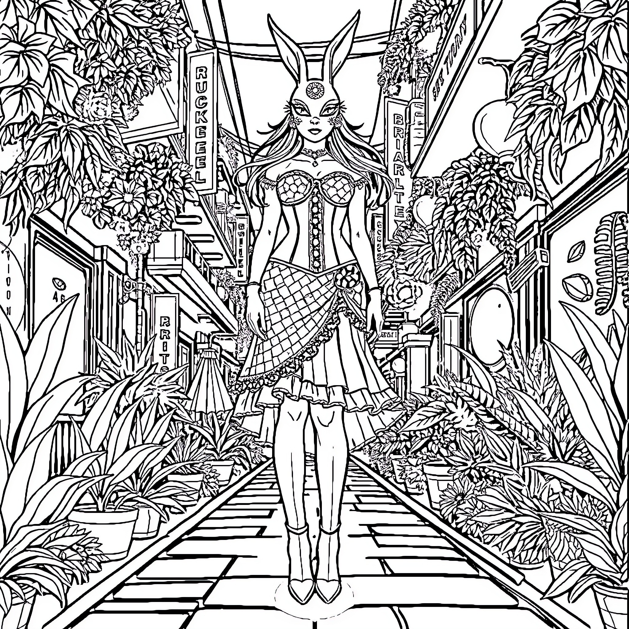 Woman in ornate outfit exploring enchanted garden Coloring Page (free black-and-white line drawing printable PDF for all, from beginners to advanced learners, including children, teens, adults, and seniors)