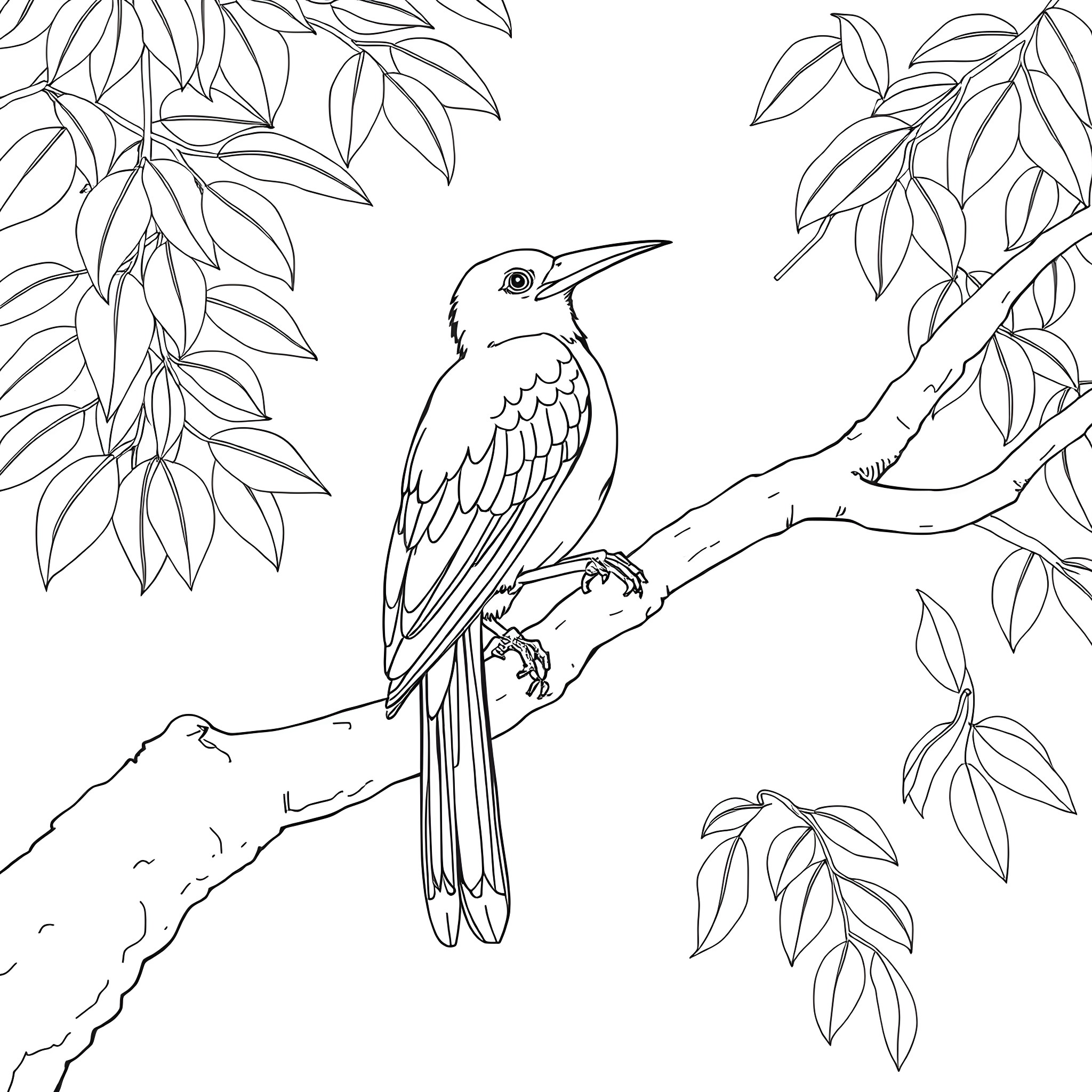 Aulacorhynchus perched on a branch amidst lush foliage Coloring Page (free black-and-white line drawing printable PDF for all, from beginners to advanced learners, including children, teens, adults, and seniors)