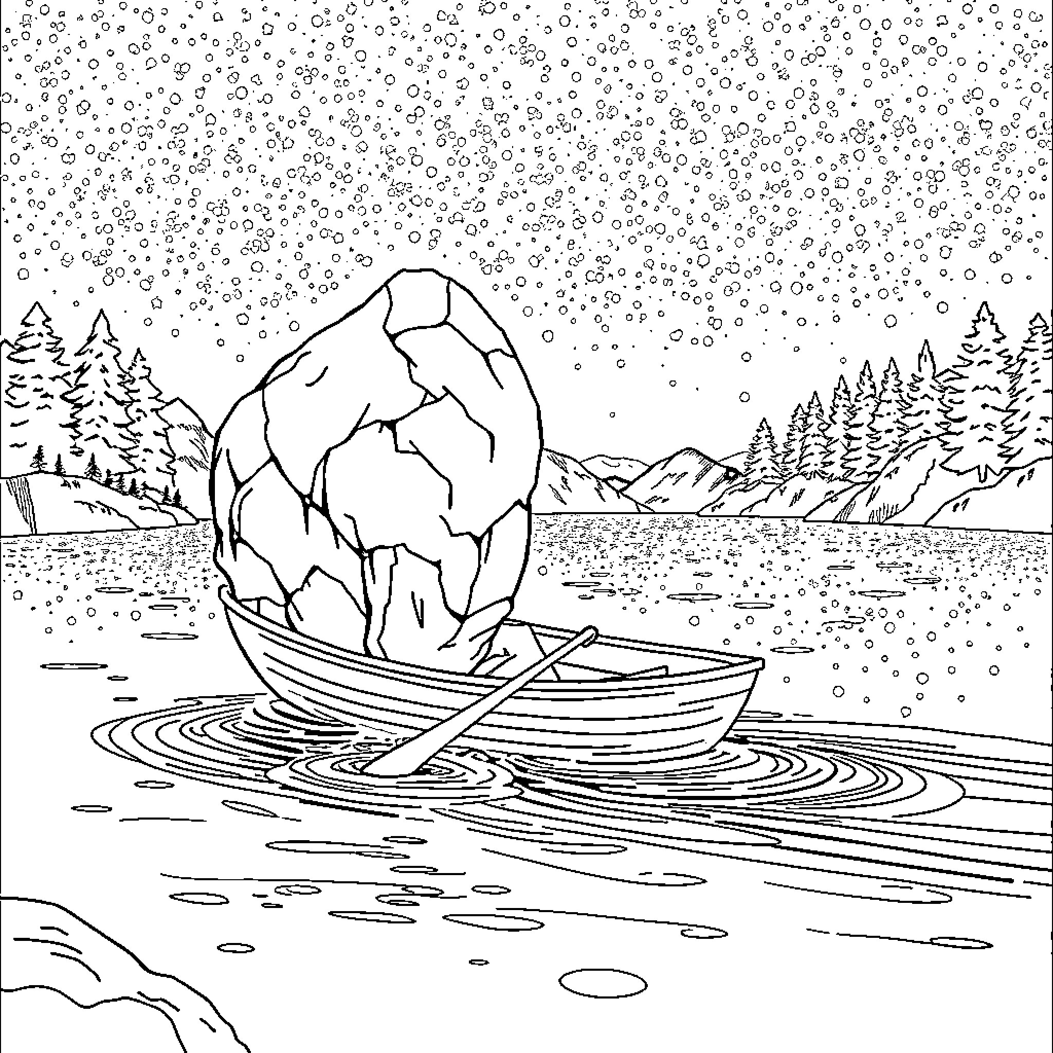 Rock Floating on Snowy Lake with Boat Coloring Page (free black-and-white line drawing printable PDF for all, from beginners to advanced learners, including children, teens, adults, and seniors)