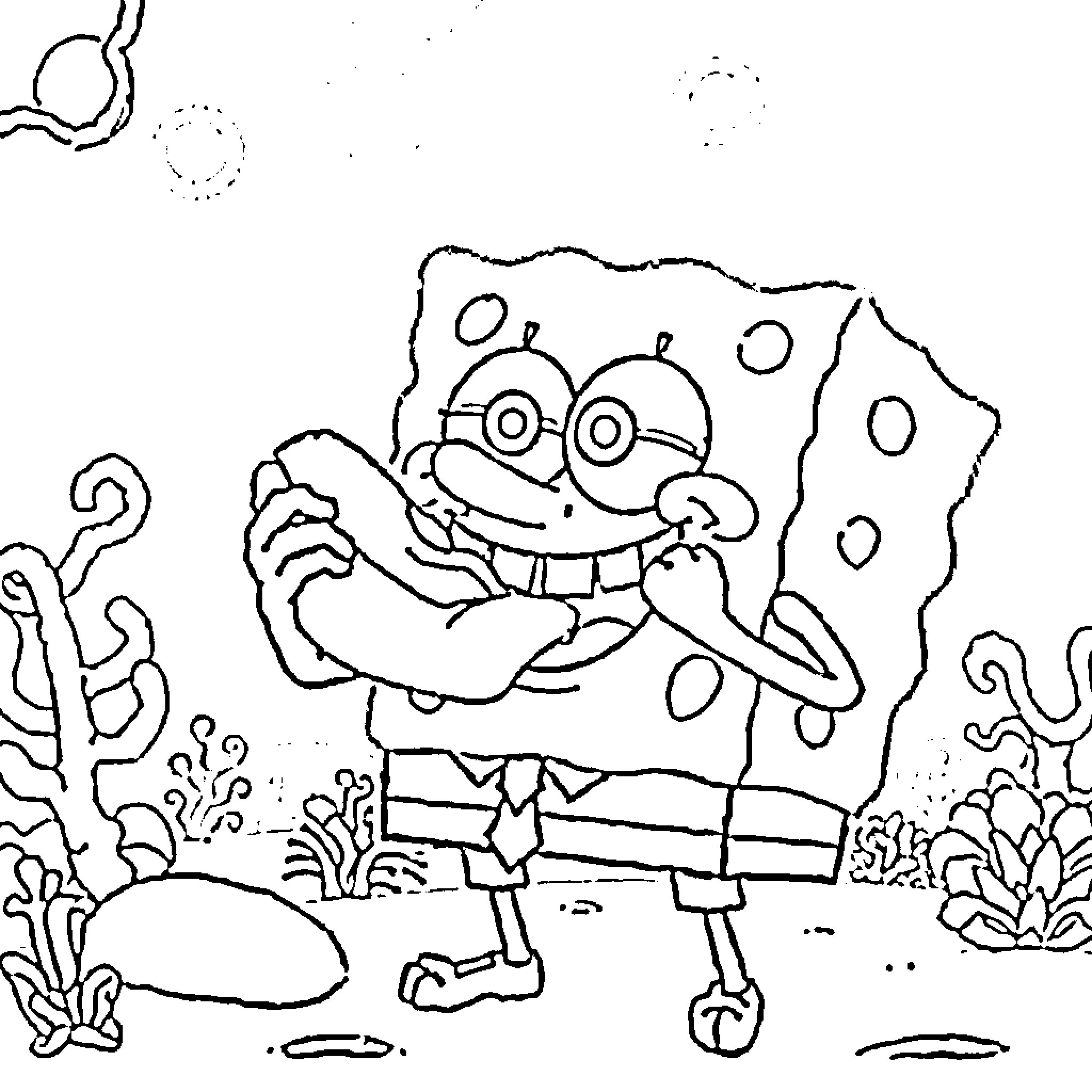Spongebob laughing joyfully in the underwater world Coloring Page (free black-and-white line drawing printable PDF for all, from beginners to advanced learners, including children, teens, adults, and seniors)