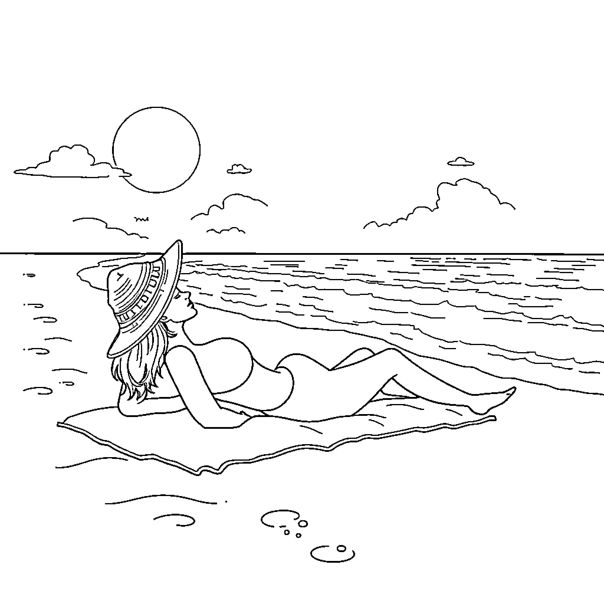 Woman relaxing on the beach under the sun Coloring Page (free black-and-white line drawing printable PDF for all, from beginners to advanced learners, including children, teens, adults, and seniors)