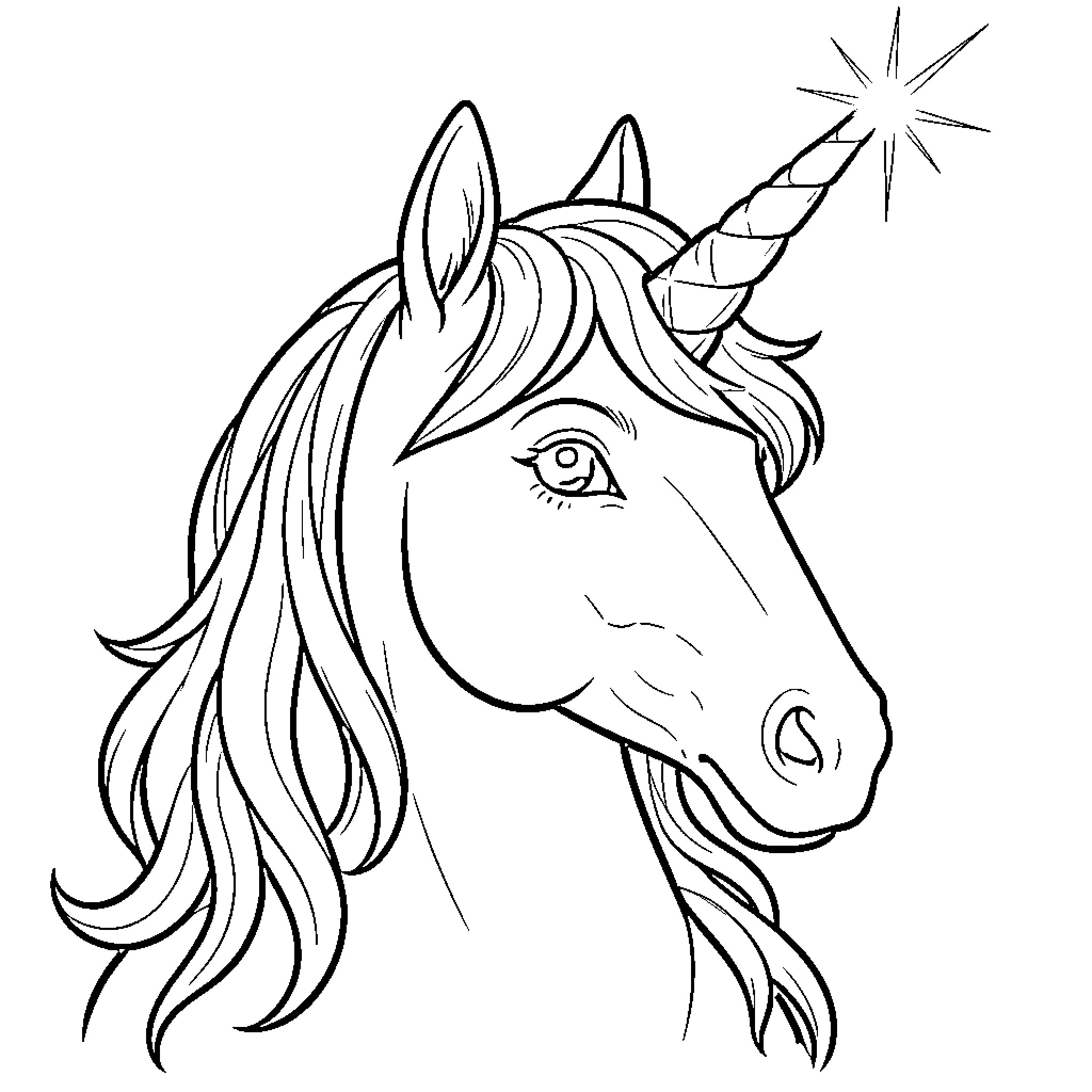 Unicorn head with long flowing mane and sparkling horn Coloring Page (free black-and-white line drawing printable PDF for all, from beginners to advanced learners, including children, teens, adults, and seniors)