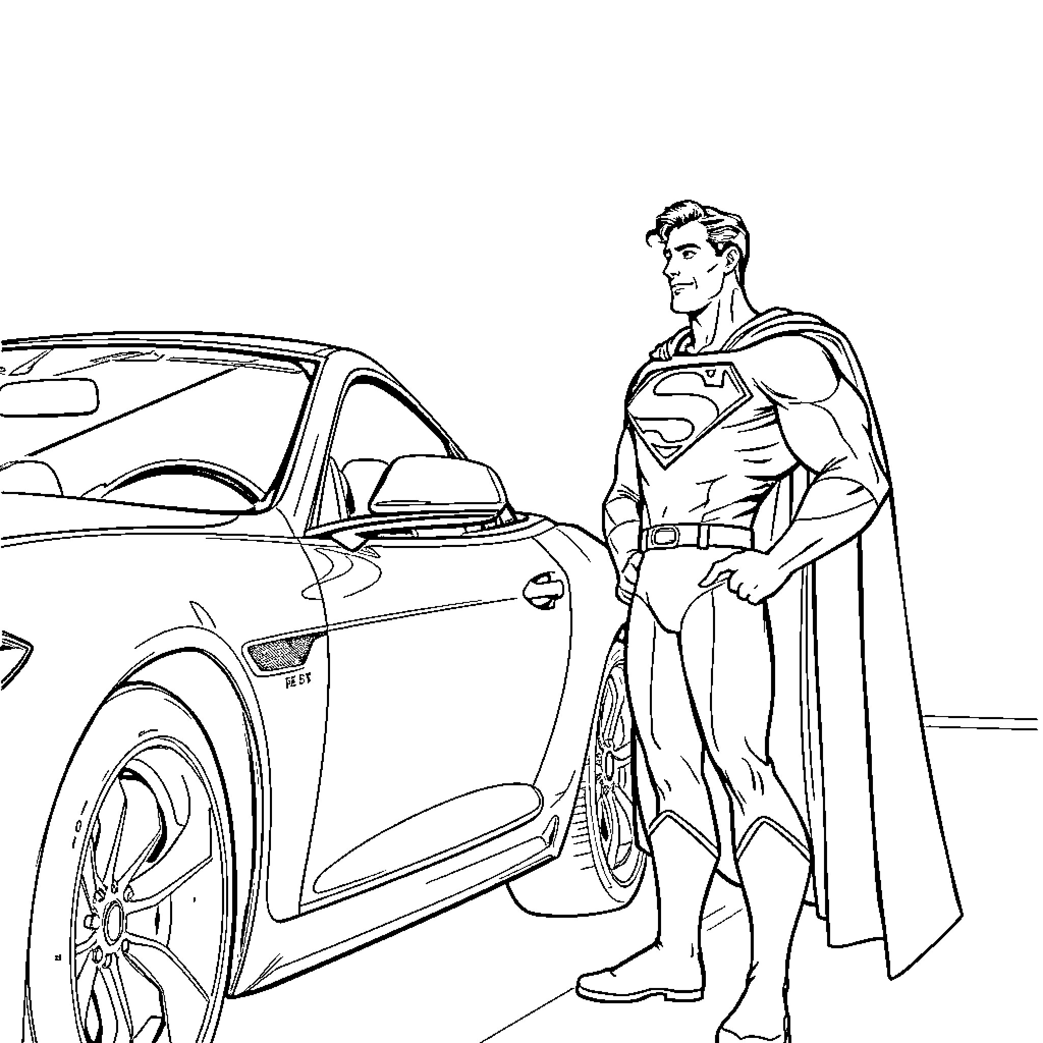 Superman standing confidently beside a sports car Coloring Page (free black-and-white line drawing printable PDF for all, from beginners to advanced learners, including children, teens, adults, and seniors)