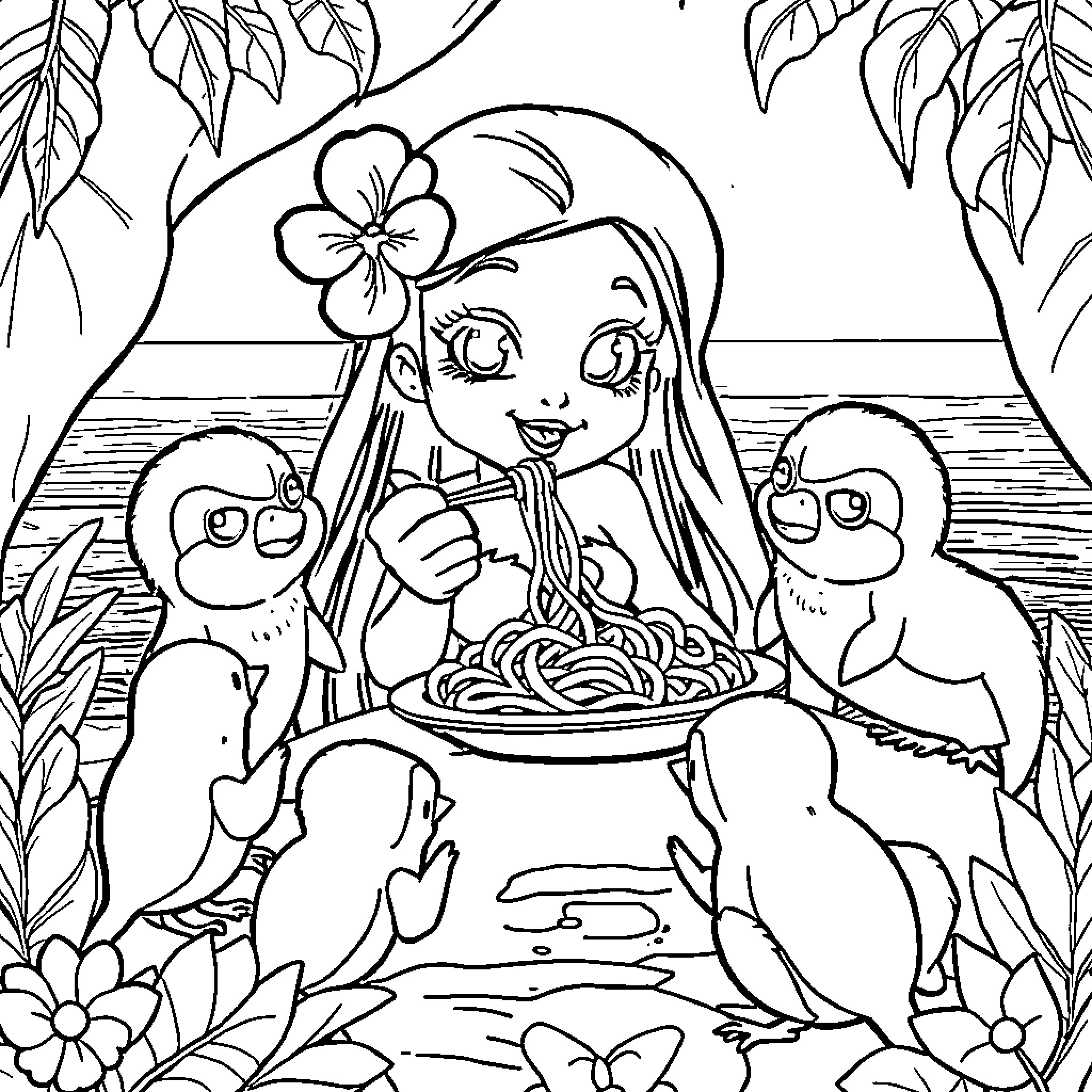 Sirenita enjoying a meal with sea creatures Coloring Page (free black-and-white line drawing printable PDF for all, from beginners to advanced learners, including children, teens, adults, and seniors)