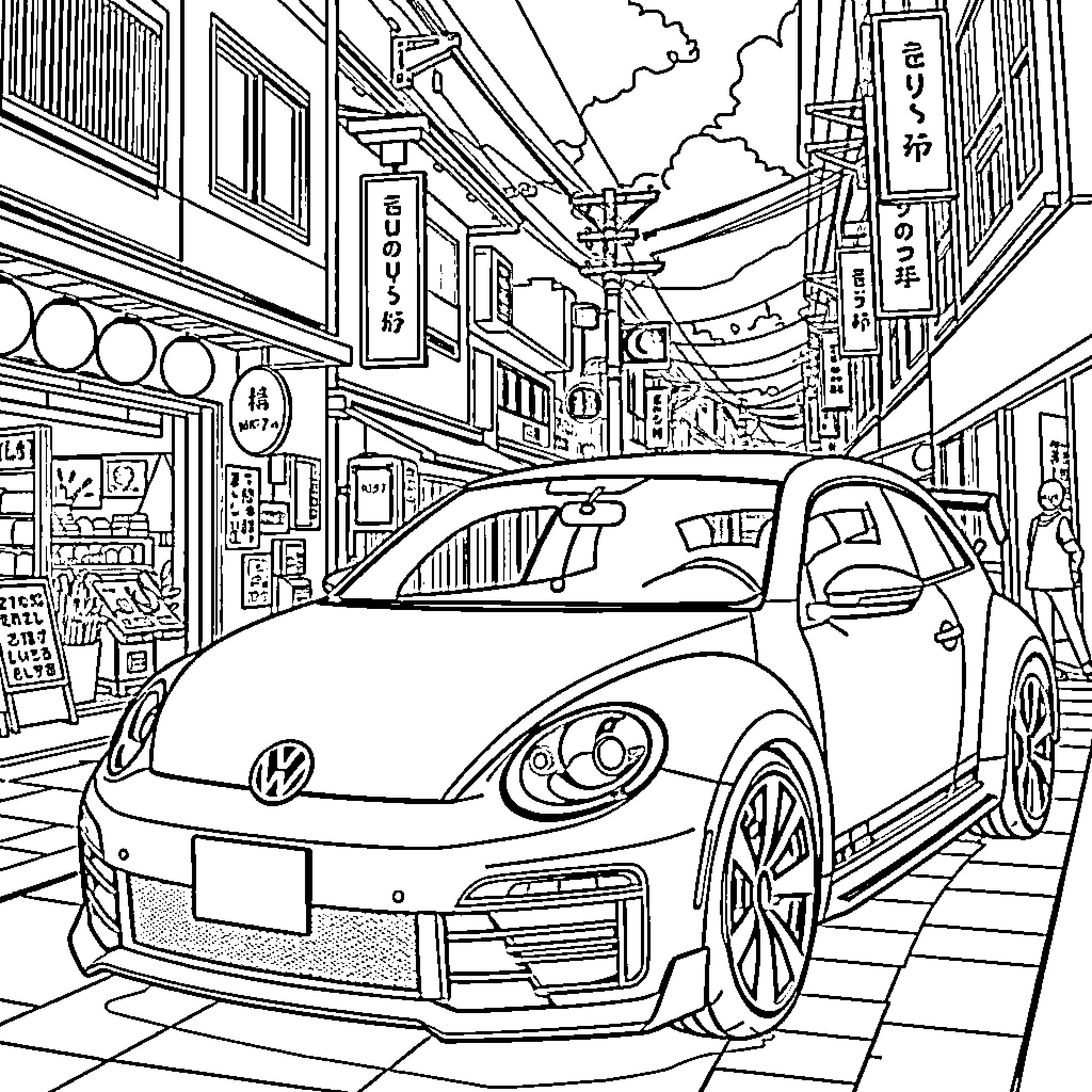 VW MK7.5 R in a bustling urban scene Coloring Page (free black-and-white line drawing printable PDF for all, from beginners to advanced learners, including children, teens, adults, and seniors)