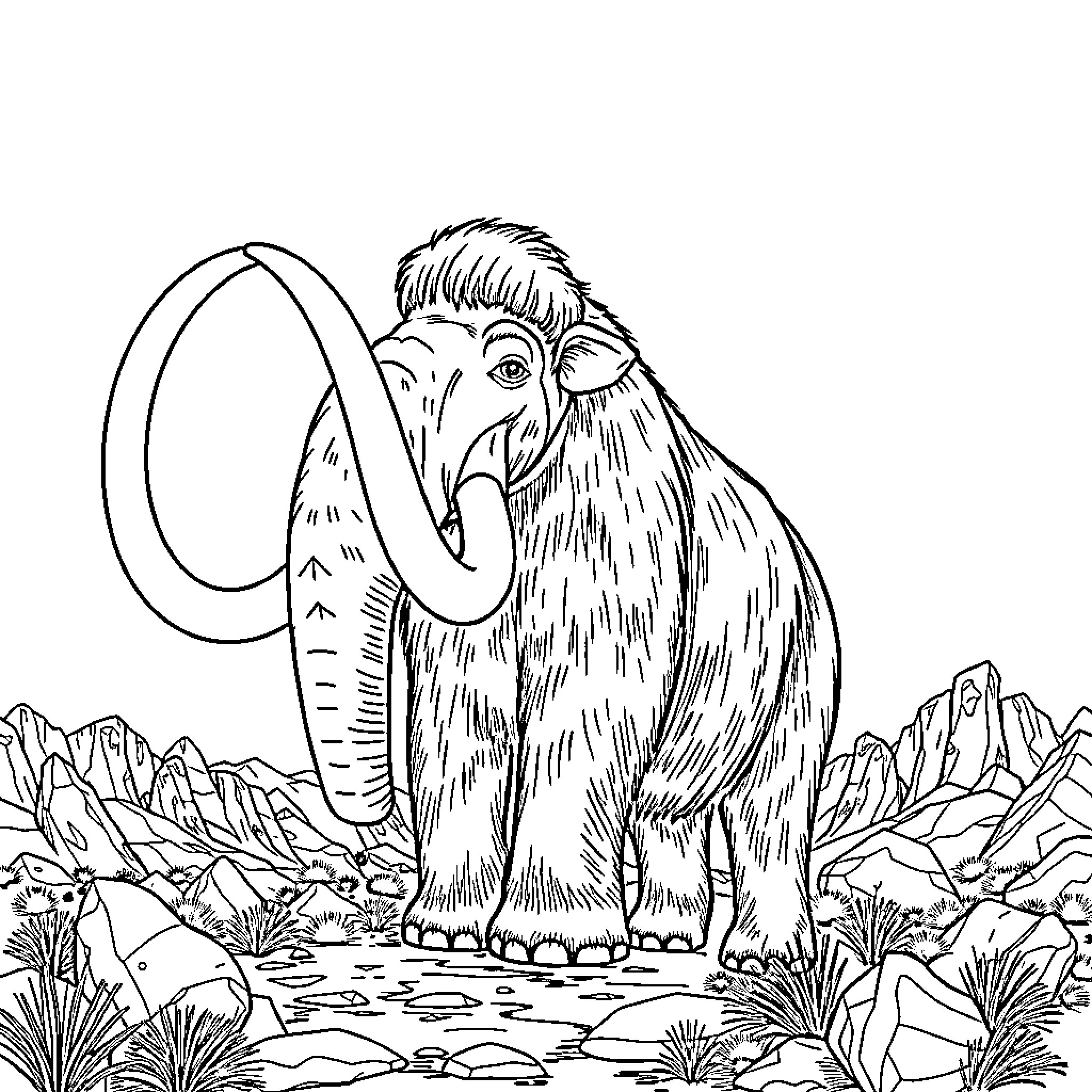 Mammoth roaming prehistoric landscape Coloring Page (free black-and-white line drawing printable PDF for all, from beginners to advanced learners, including children, teens, adults, and seniors)