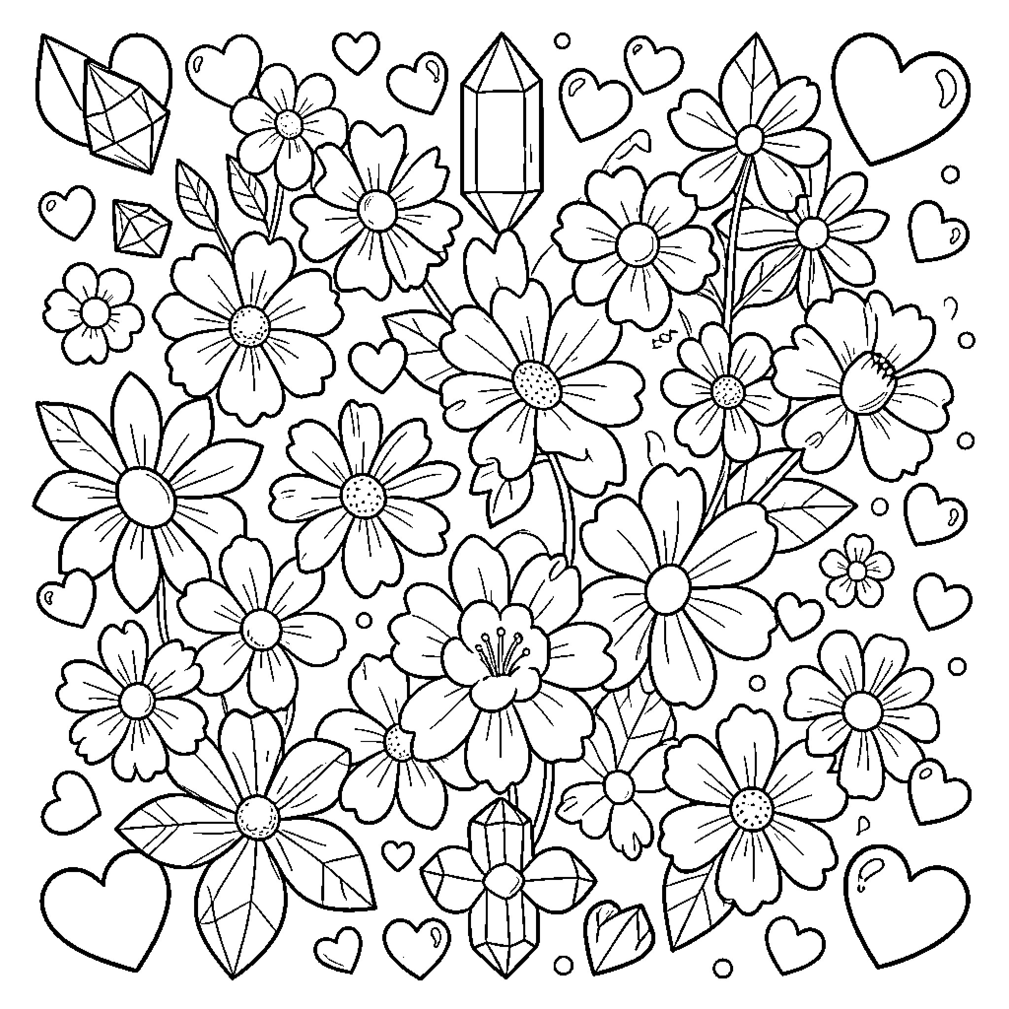 Flower arrangement with hearts and crystals Coloring Page (free black-and-white line drawing printable PDF for all, from beginners to advanced learners, including children, teens, adults, and seniors)