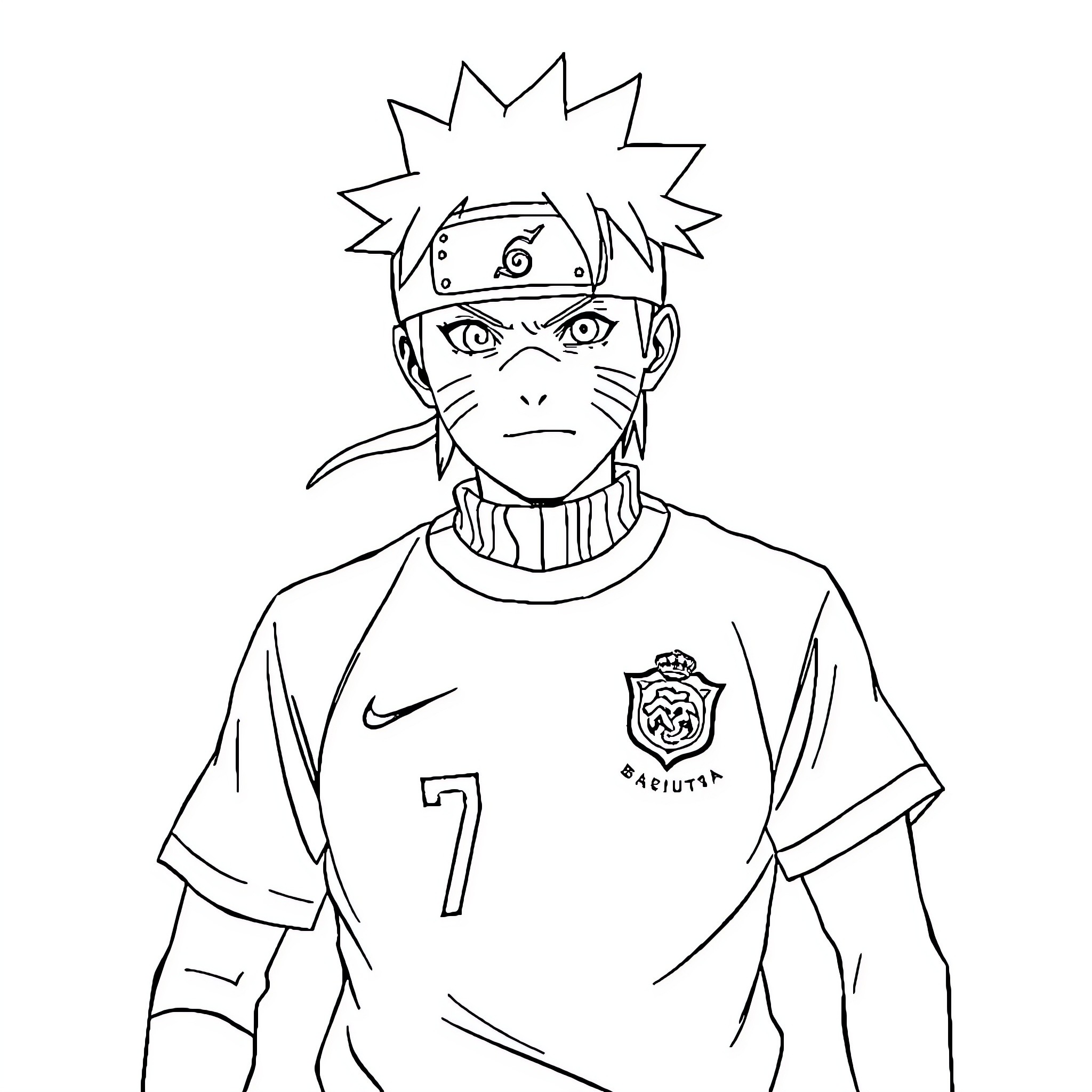 Naruto in soccer uniform with fierce expression Coloring Page (free black-and-white line drawing printable PDF for all, from beginners to advanced learners, including children, teens, adults, and seniors)
