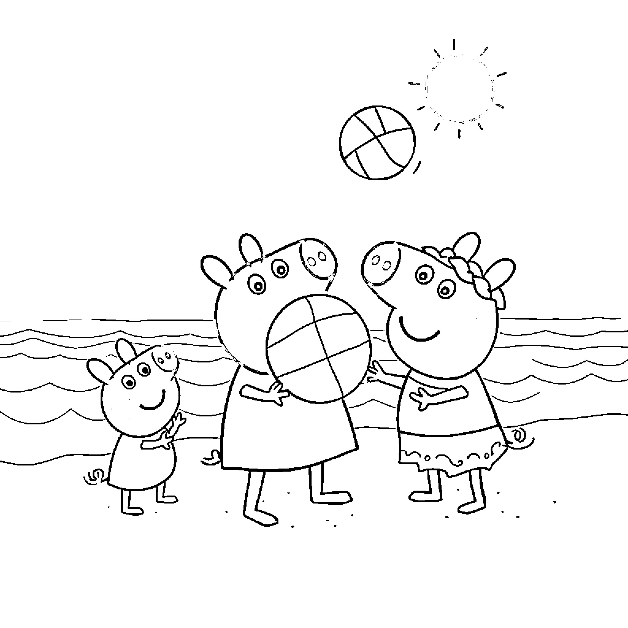 Peppa Pig playing at the beach with friends Coloring Page (free black-and-white line drawing printable PDF for all, from beginners to advanced learners, including children, teens, adults, and seniors)