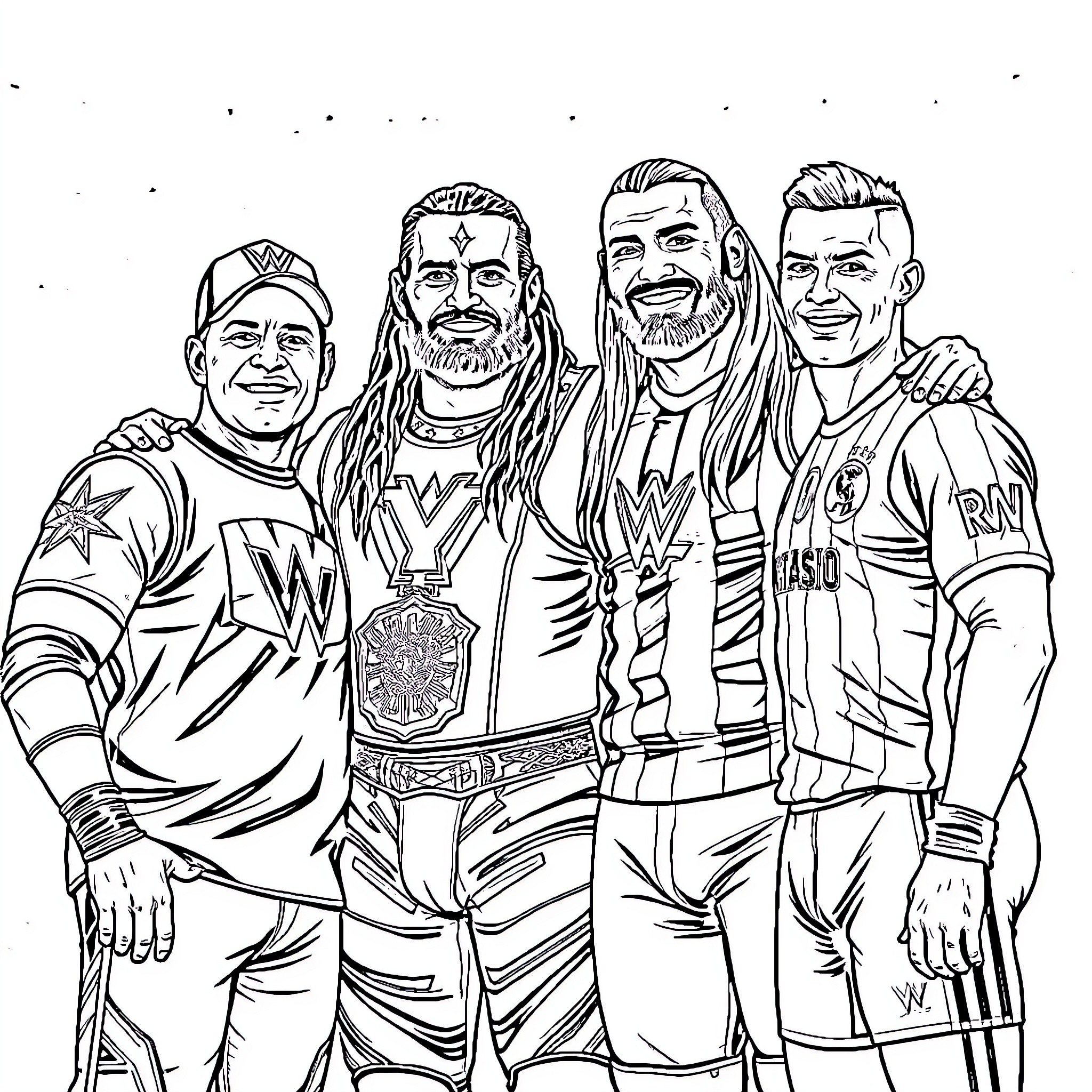 Wrestler Teammates Celebrating Victory in Uniform Coloring Page (free black-and-white line drawing printable PDF for all, from beginners to advanced learners, including children, teens, adults, and seniors)