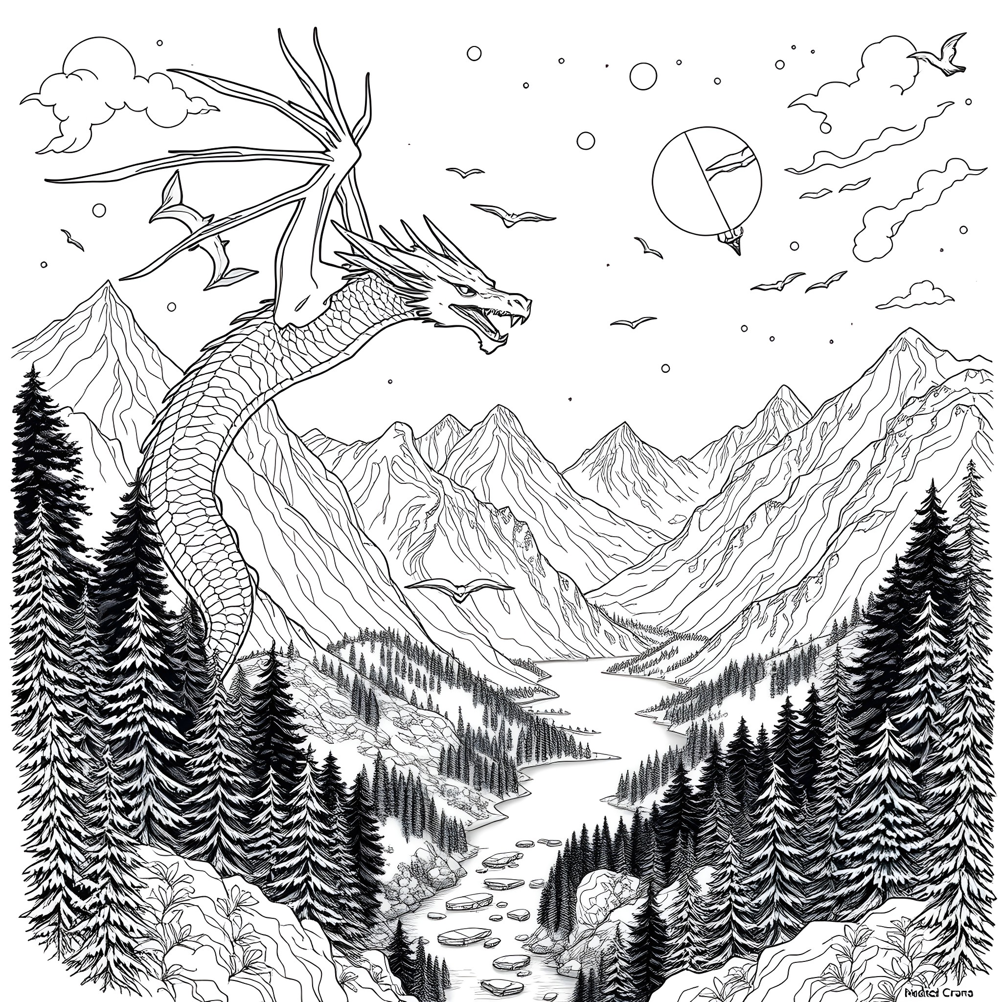 Dragon soaring over the magical mountains Coloring Page (free black-and-white line drawing printable PDF for all, from beginners to advanced learners, including children, teens, adults, and seniors)