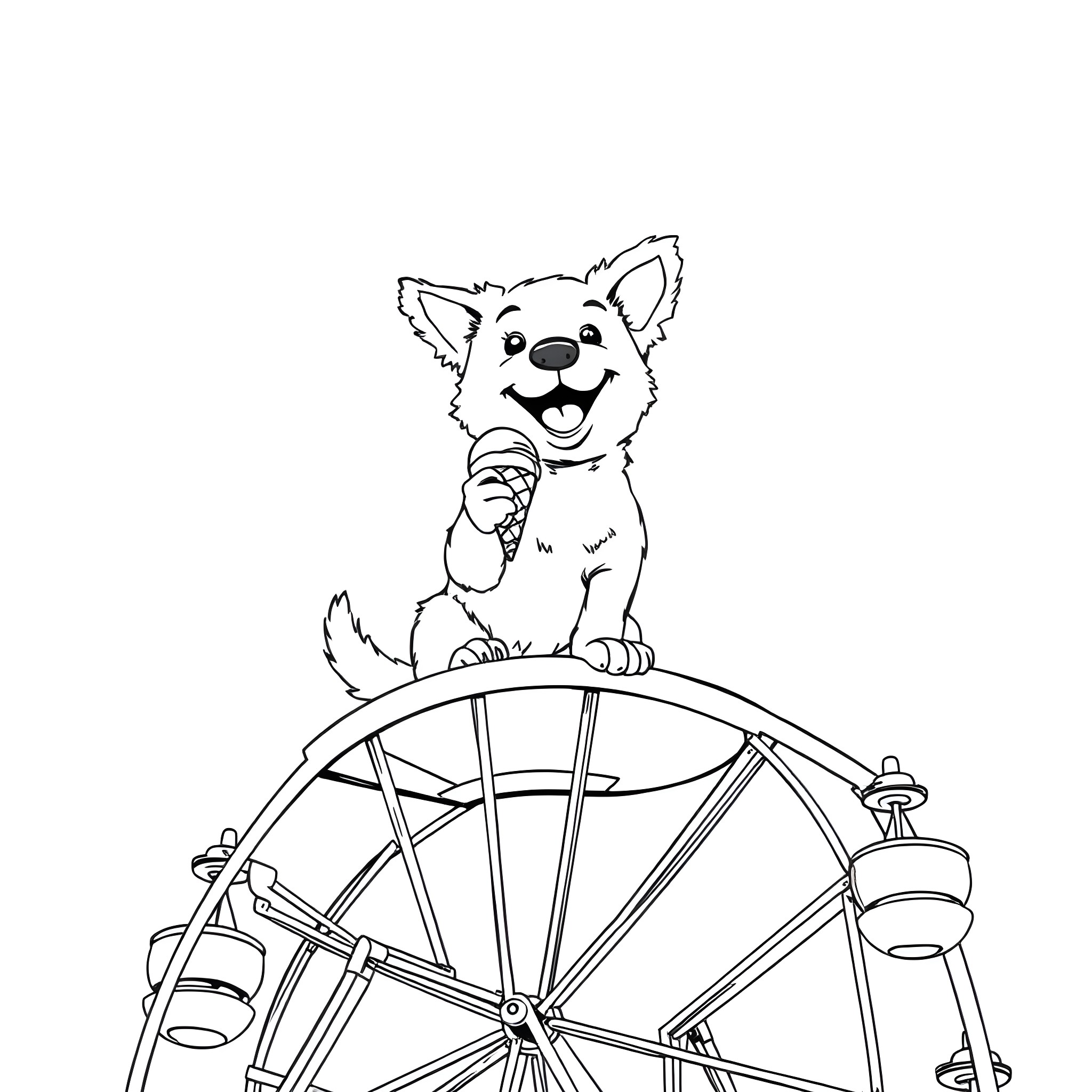 Dog riding happily on a ferris wheel Coloring Page (free black-and-white line drawing printable PDF for all, from beginners to advanced learners, including children, teens, adults, and seniors)