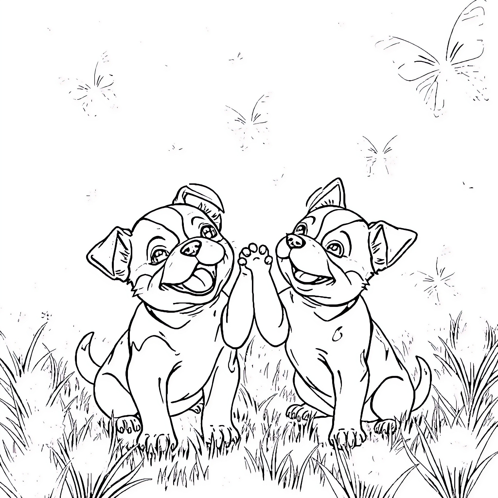 Petit Brabancon puppies playing in the grass Coloring Page (free black-and-white line drawing printable PDF for all, from beginners to advanced learners, including children, teens, adults, and seniors)