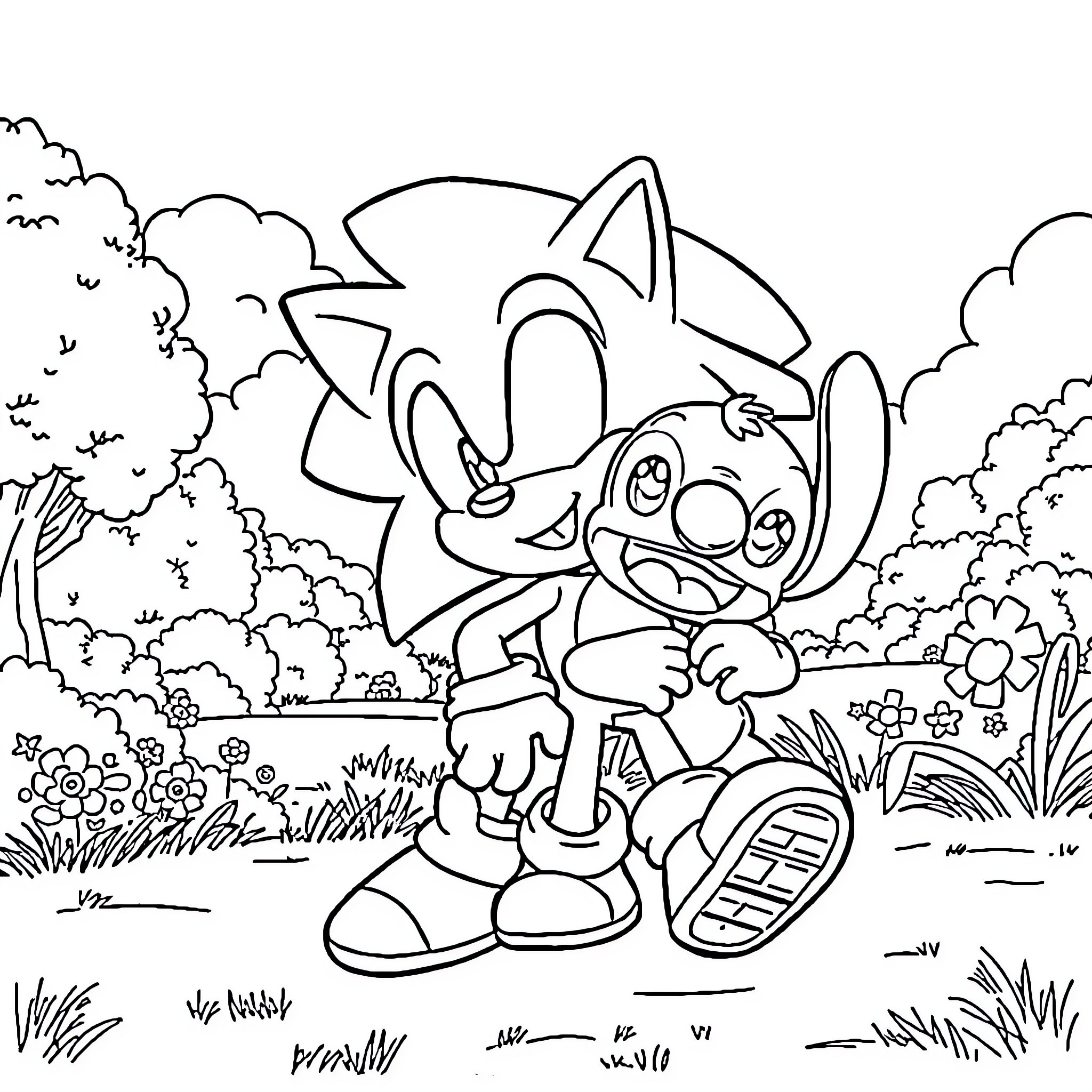 Sonic enjoying playful adventures in the outdoors Coloring Page (free black-and-white line drawing printable PDF for all, from beginners to advanced learners, including children, teens, adults, and seniors)