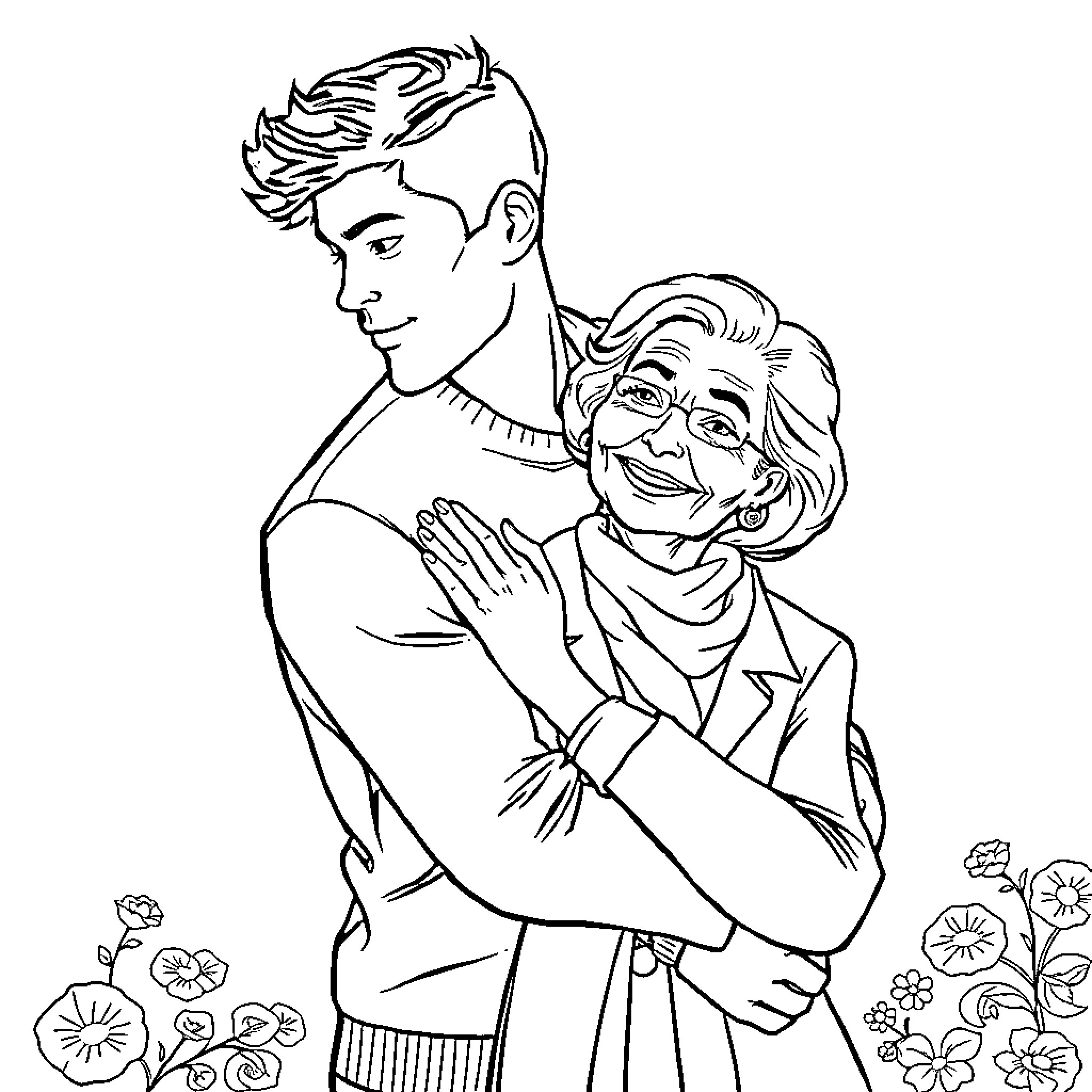 Homme embracing elderly woman with tenderness Coloring Page (free black-and-white line drawing printable PDF for all, from beginners to advanced learners, including children, teens, adults, and seniors)