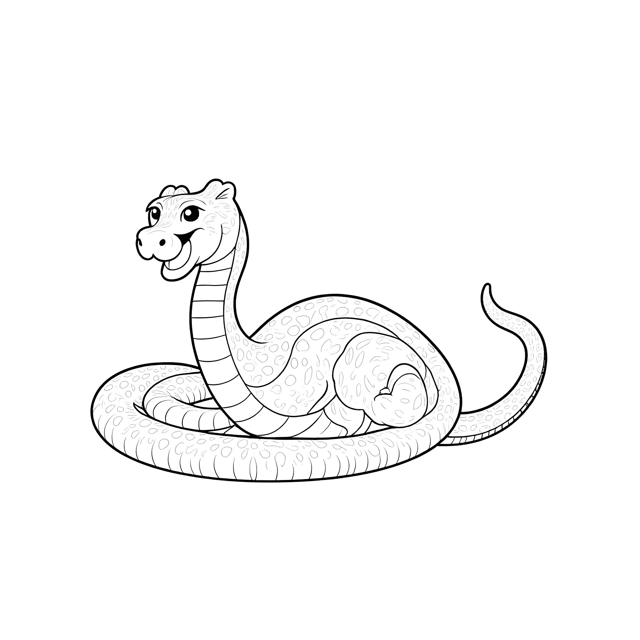 Nake cartoon snake coiled and smiling Coloring Page (free black-and-white line drawing printable PDF for all, from beginners to advanced learners, including children, teens, adults, and seniors)