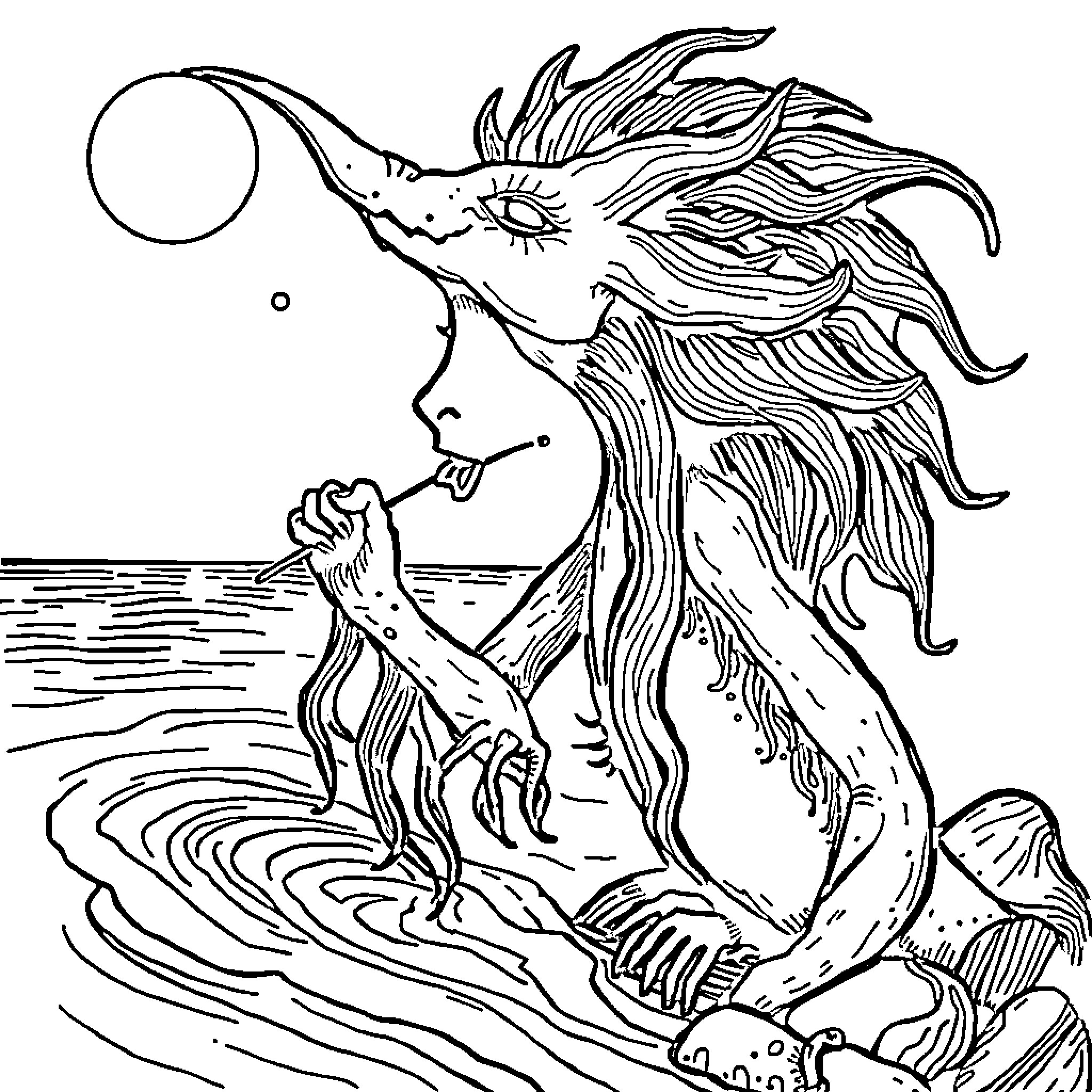 Siren calling forth a bioluminescent creature from the depths Coloring Page (free black-and-white line drawing printable PDF for all, from beginners to advanced learners, including children, teens, adults, and seniors)