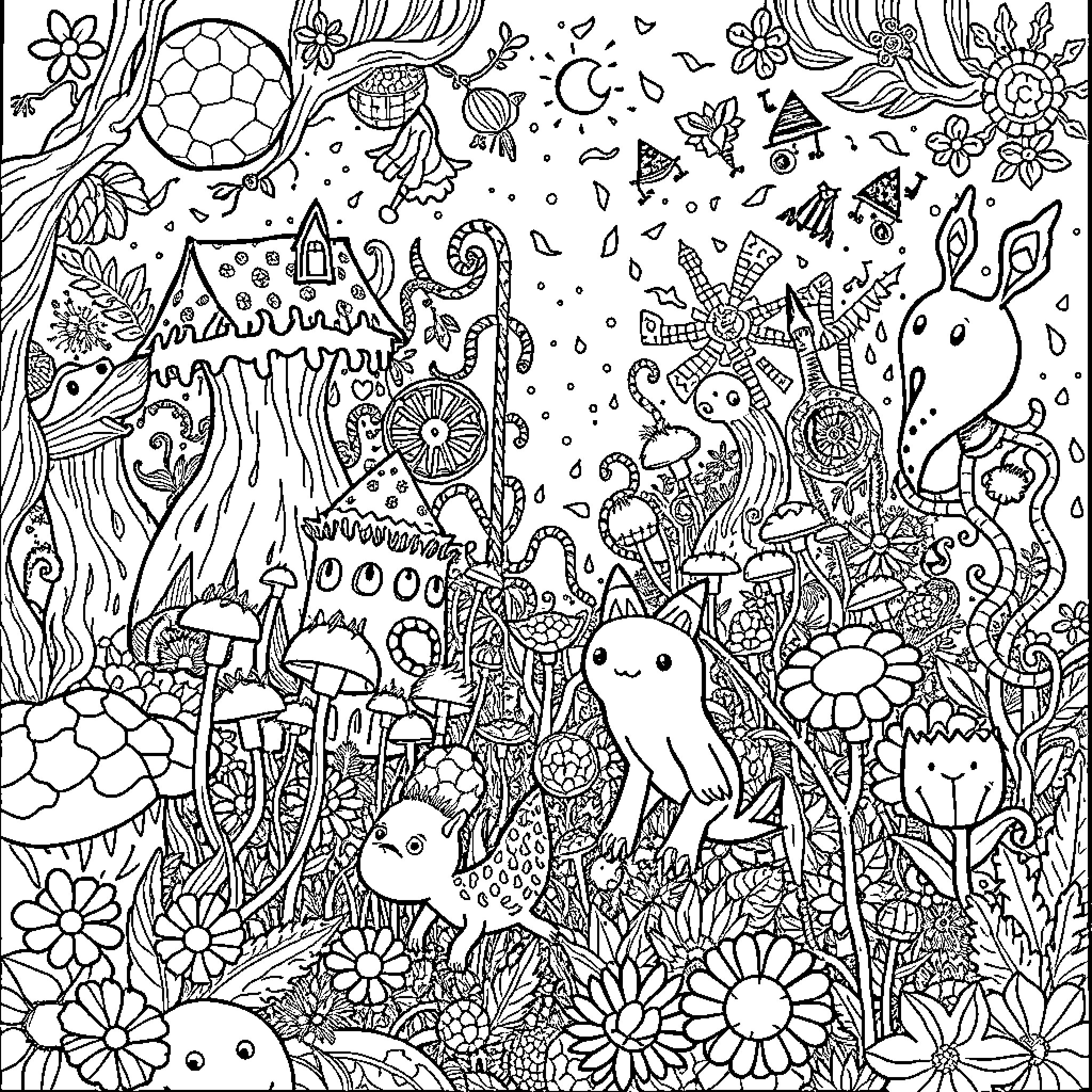 Creature's Whimsical Enchanted Forest Adventure Coloring Page (free black-and-white line drawing printable PDF for all, from beginners to advanced learners, including children, teens, adults, and seniors)