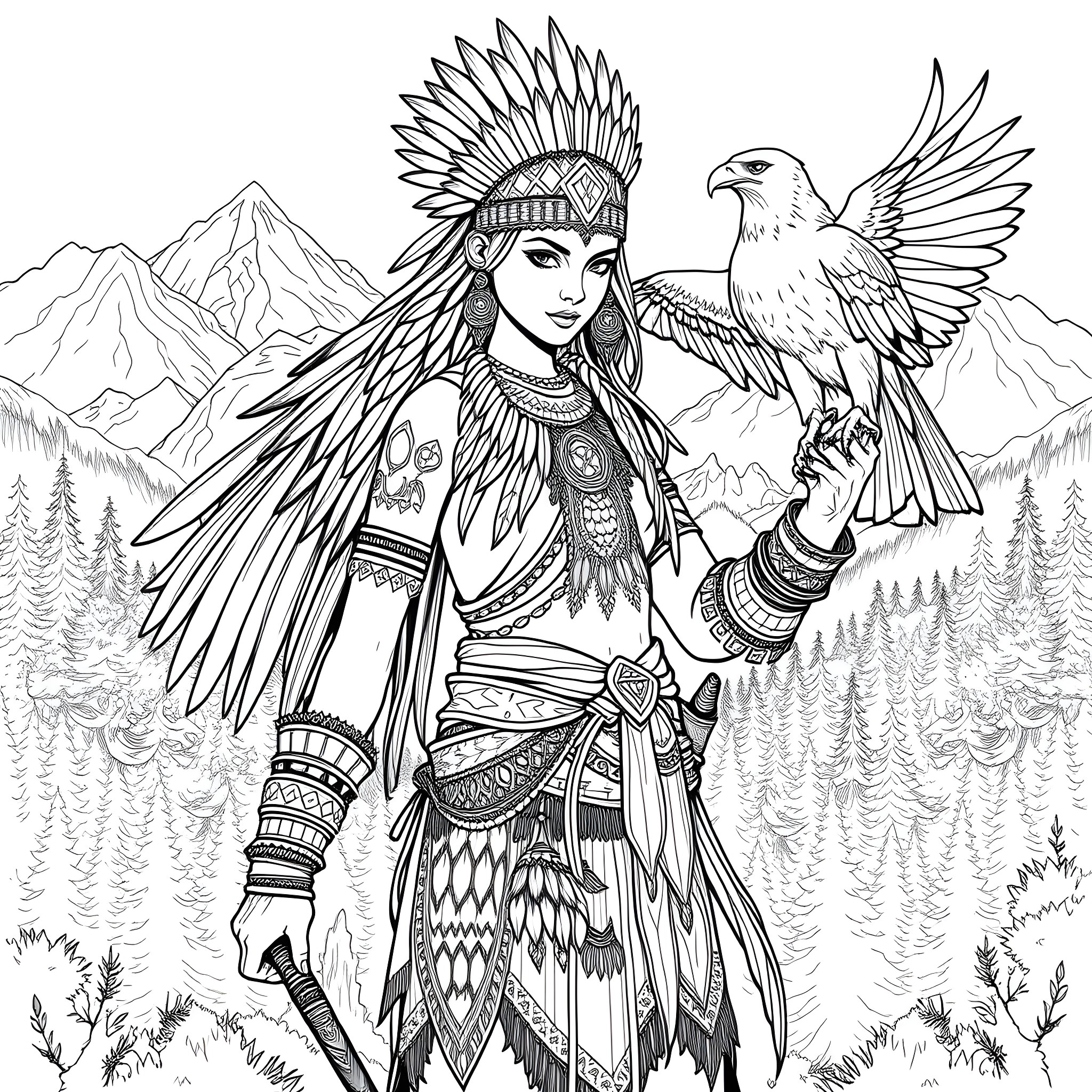 Hawk-Themed Native American Warrior in Mountain Landscape Coloring Page (free black-and-white line drawing printable PDF for all, from beginners to advanced learners, including children, teens, adults, and seniors)