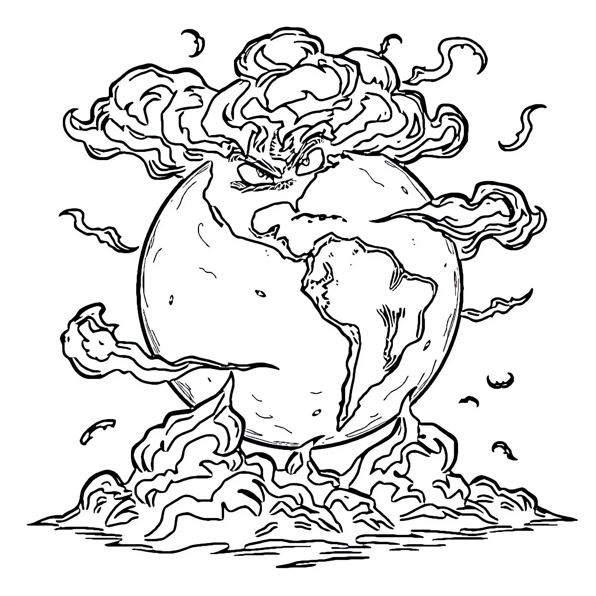 Globe surrounded by swirling clouds and smoke Coloring Page (free black-and-white line drawing printable PDF for all, from beginners to advanced learners, including children, teens, adults, and seniors)