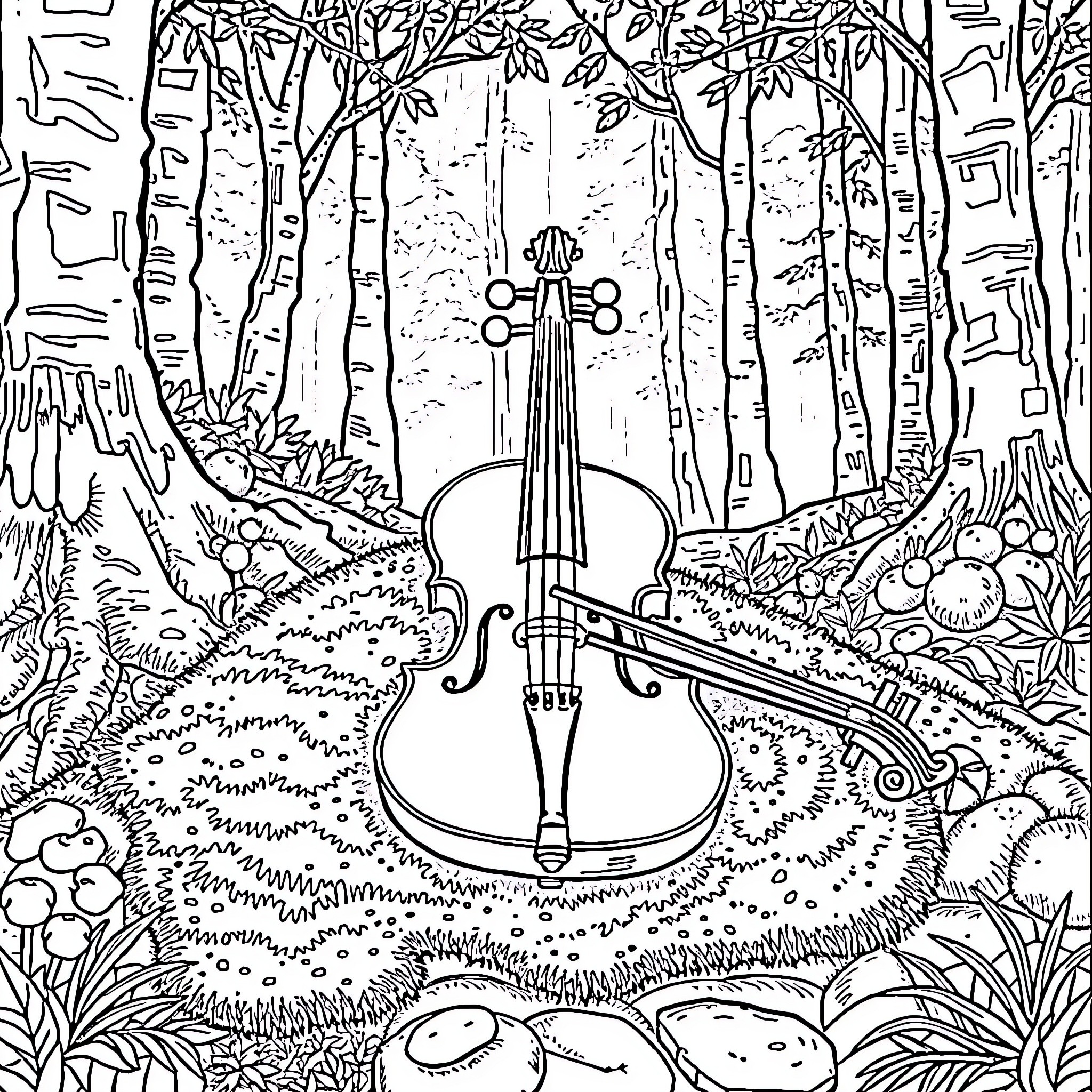 Violin amidst serene forest scenery Coloring Page (free black-and-white line drawing printable PDF for all, from beginners to advanced learners, including children, teens, adults, and seniors)