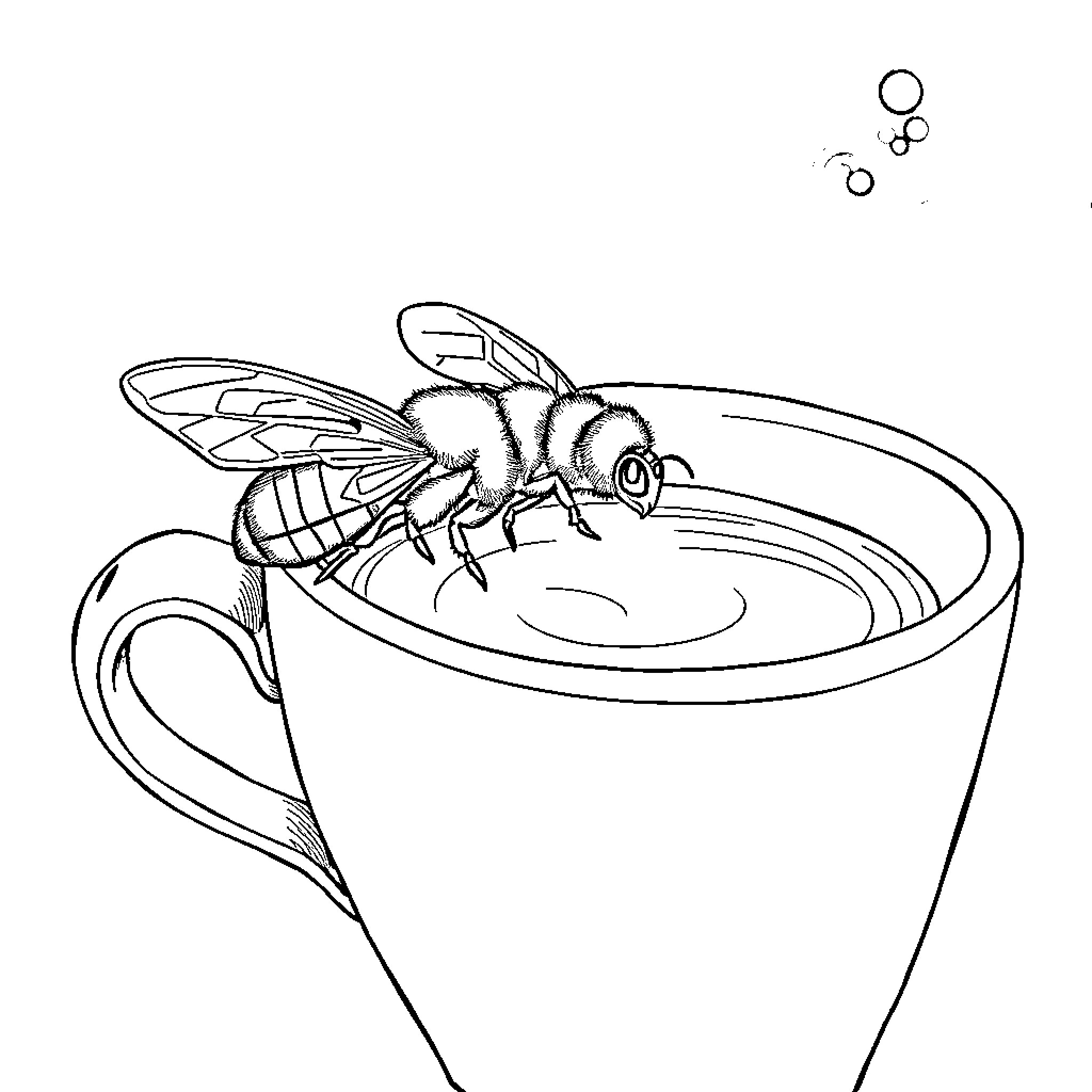 Bee enjoying a cup of coffee Coloring Page (free black-and-white line drawing printable PDF for all, from beginners to advanced learners, including children, teens, adults, and seniors)