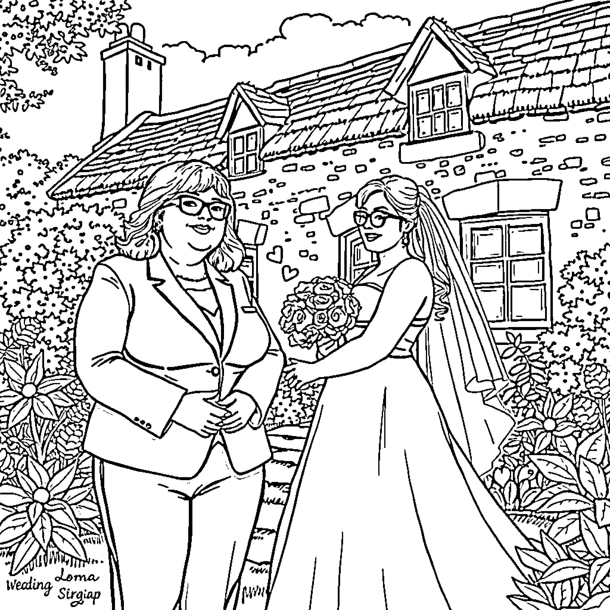 Woman in wedding attire embracing another woman in front of a house Coloring Page (free black-and-white line drawing printable PDF for all, from beginners to advanced learners, including children, teens, adults, and seniors)