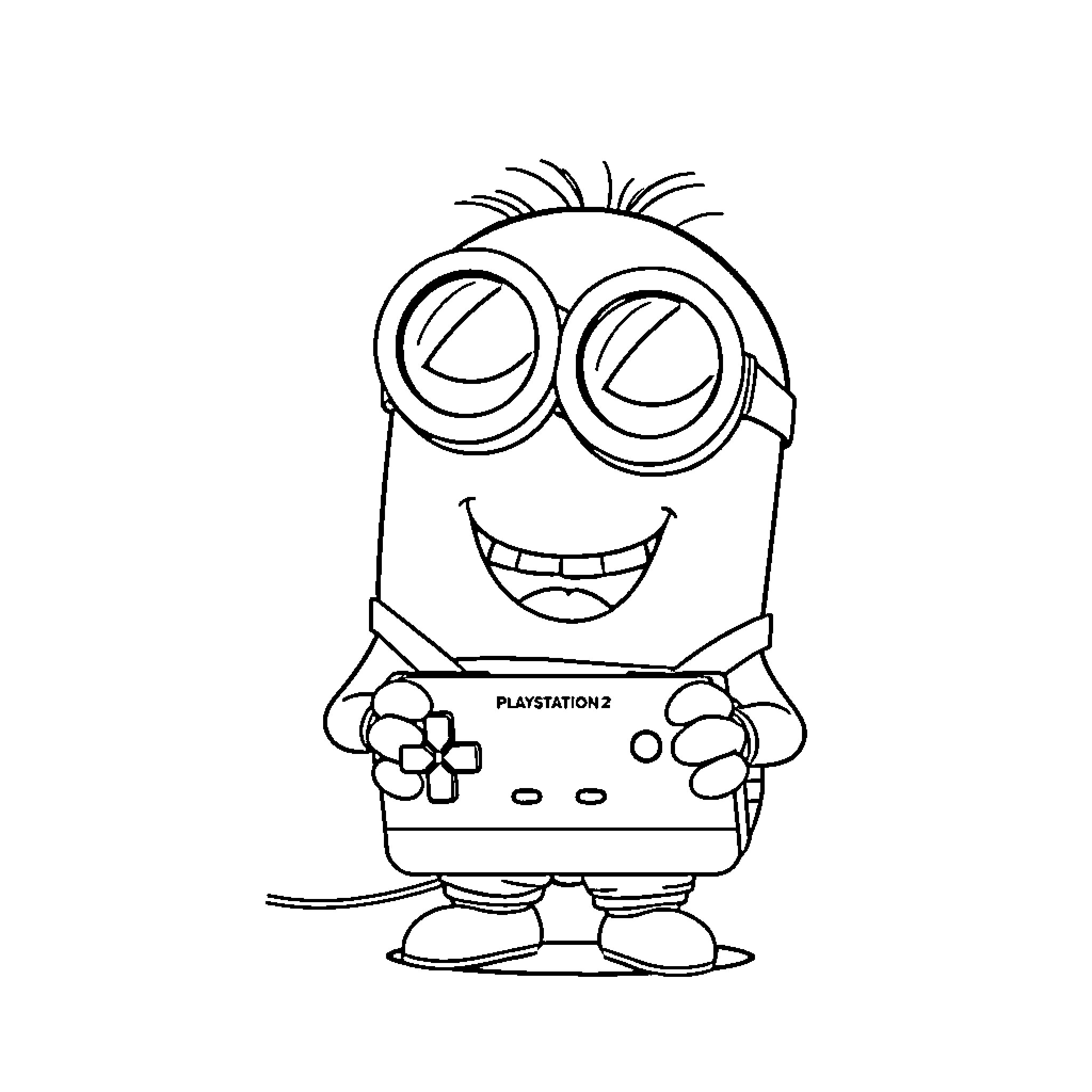 Minion playing video game happily Coloring Page (free black-and-white line drawing printable PDF for all, from beginners to advanced learners, including children, teens, adults, and seniors)