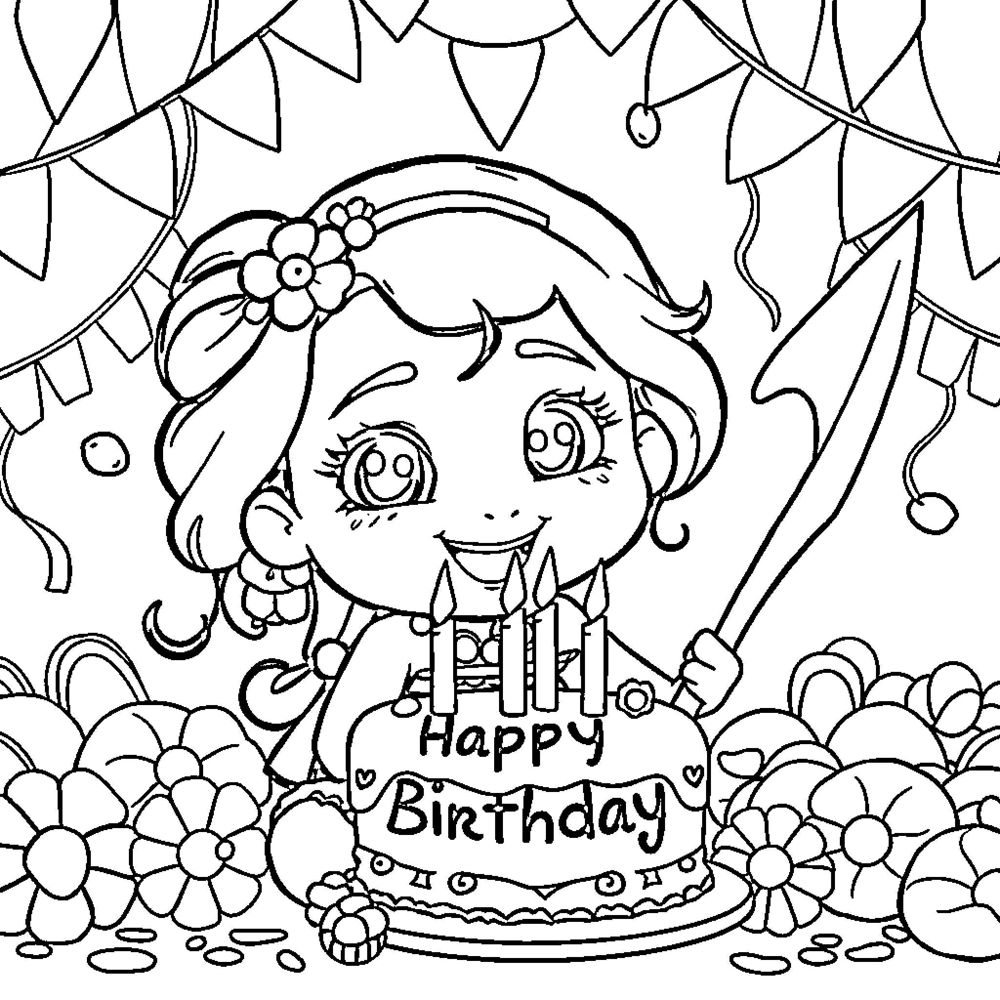 Moana celebrating her birthday with cake and flowers Coloring Page (free black-and-white line drawing printable PDF for all, from beginners to advanced learners, including children, teens, adults, and seniors)