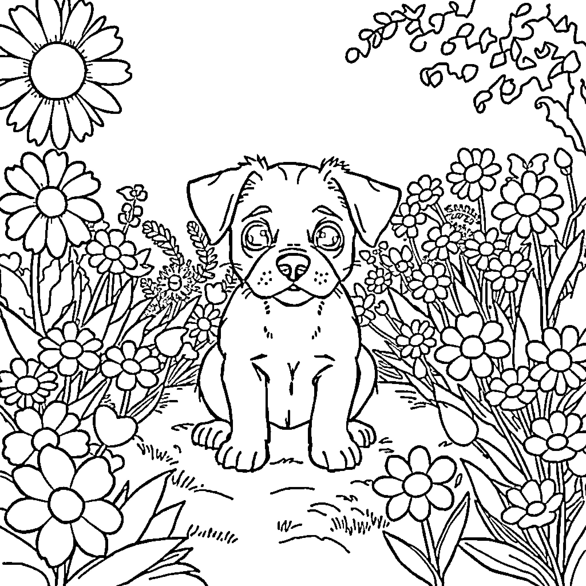 Dog in a Flower Garden Coloring Page (free black-and-white line drawing printable PDF for all, from beginners to advanced learners, including children, teens, adults, and seniors)