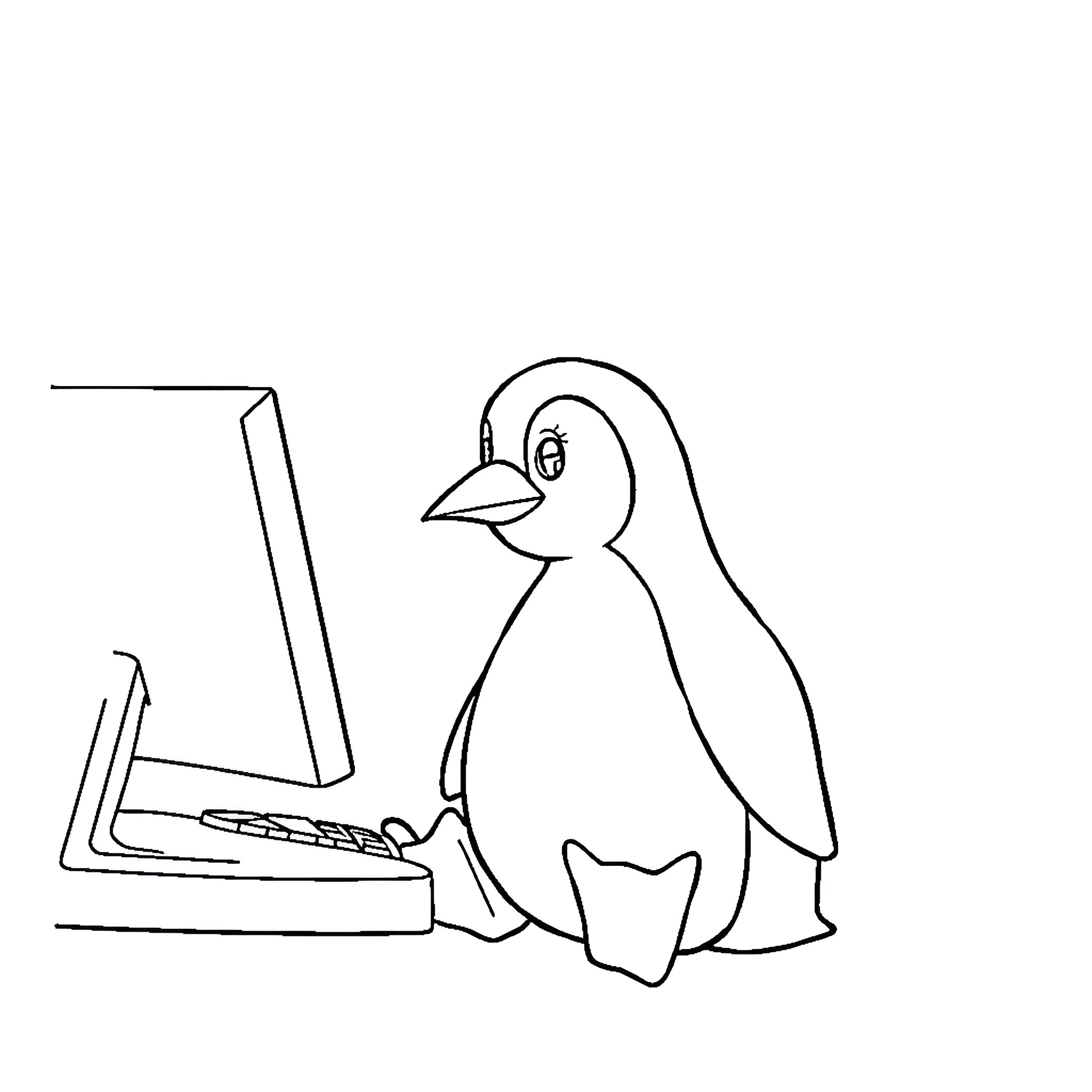 Penguin using a computer Coloring Page (free black-and-white line drawing printable PDF for all, from beginners to advanced learners, including children, teens, adults, and seniors)