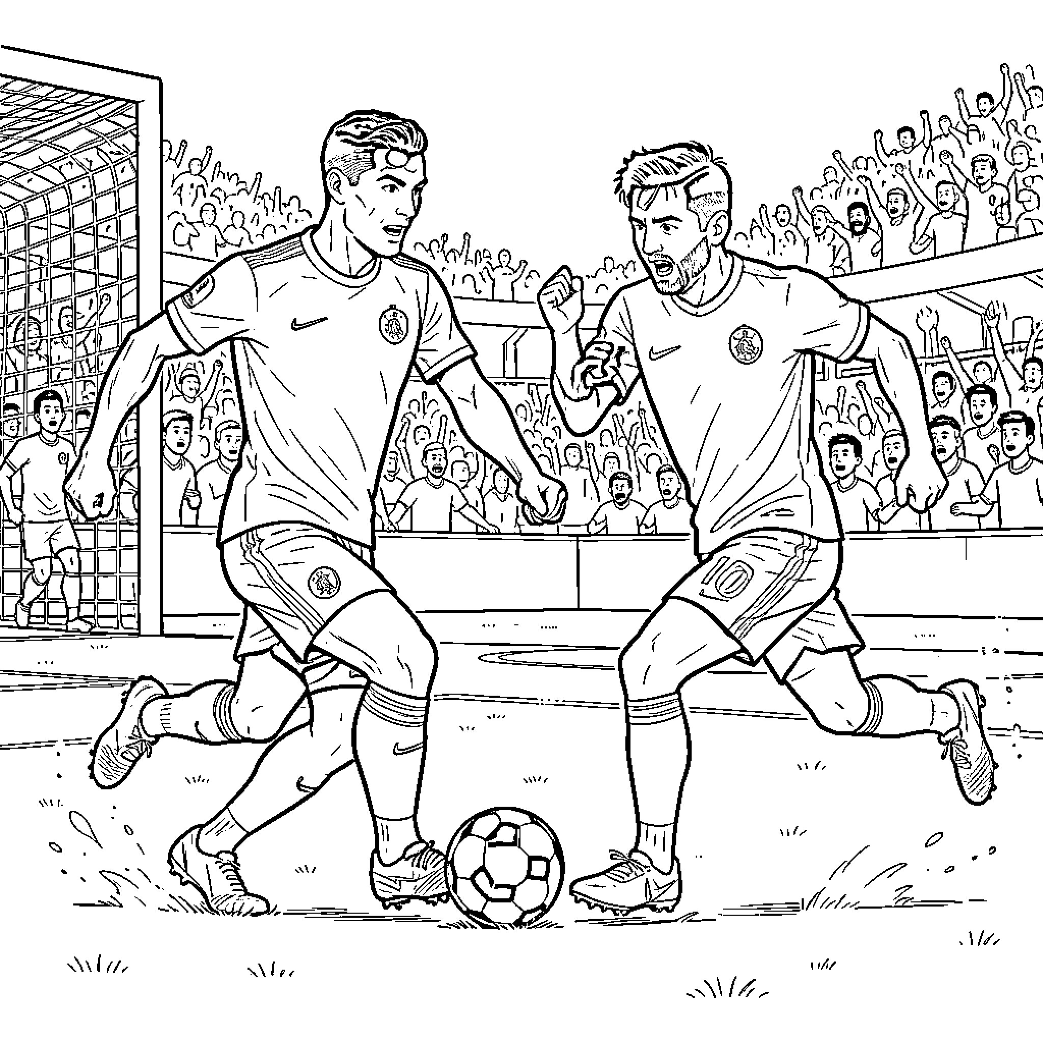Ronaldo dribbling a soccer ball during a match Coloring Page (free black-and-white line drawing printable PDF for all, from beginners to advanced learners, including children, teens, adults, and seniors)