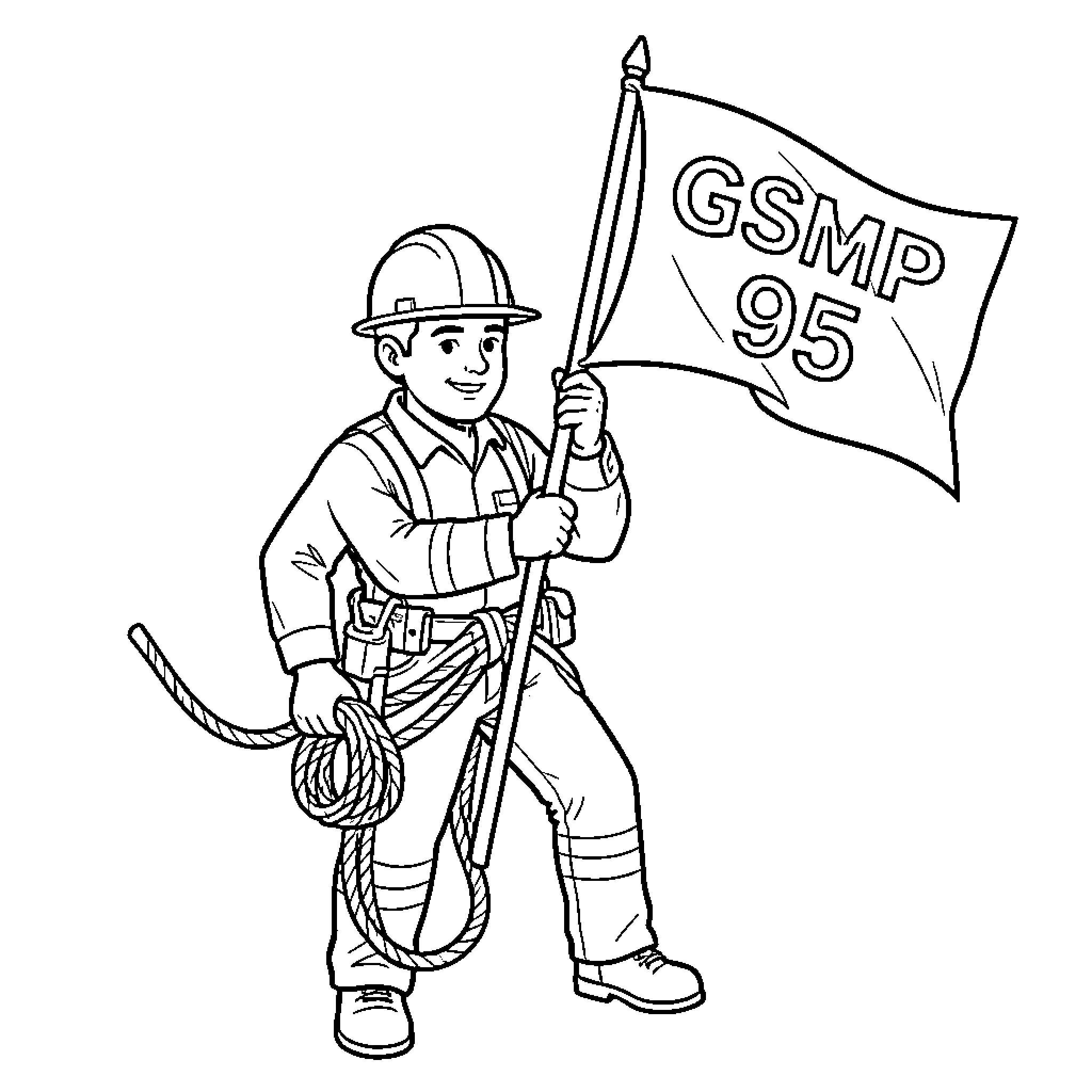 Rope Worker holding a flag and coiled rope Coloring Page (free black-and-white line drawing printable PDF for all, from beginners to advanced learners, including children, teens, adults, and seniors)