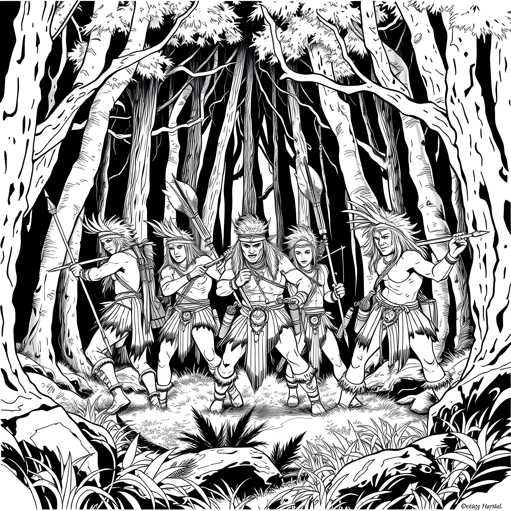 Warrior Tribe Marching Through Enchanted Forest Coloring Page (free black-and-white line drawing printable PDF for all, from beginners to advanced learners, including children, teens, adults, and seniors)