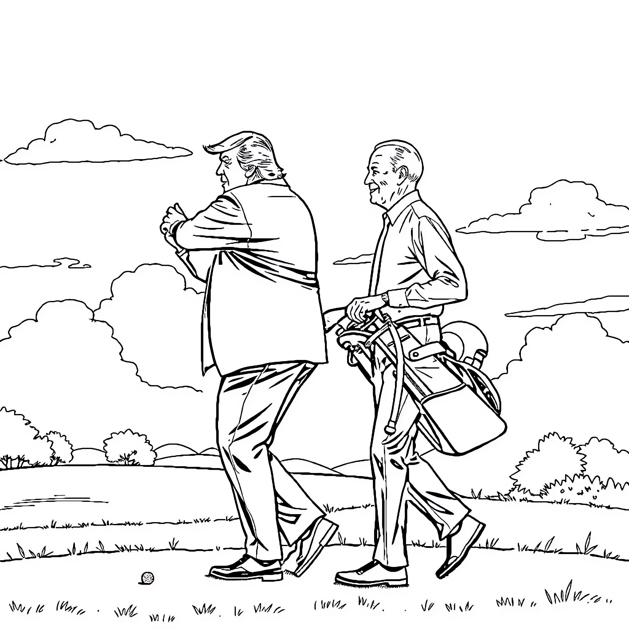 Donald Trump and Joe Biden walking together in a park Coloring Page (free black-and-white line drawing printable PDF for all, from beginners to advanced learners, including children, teens, adults, and seniors)