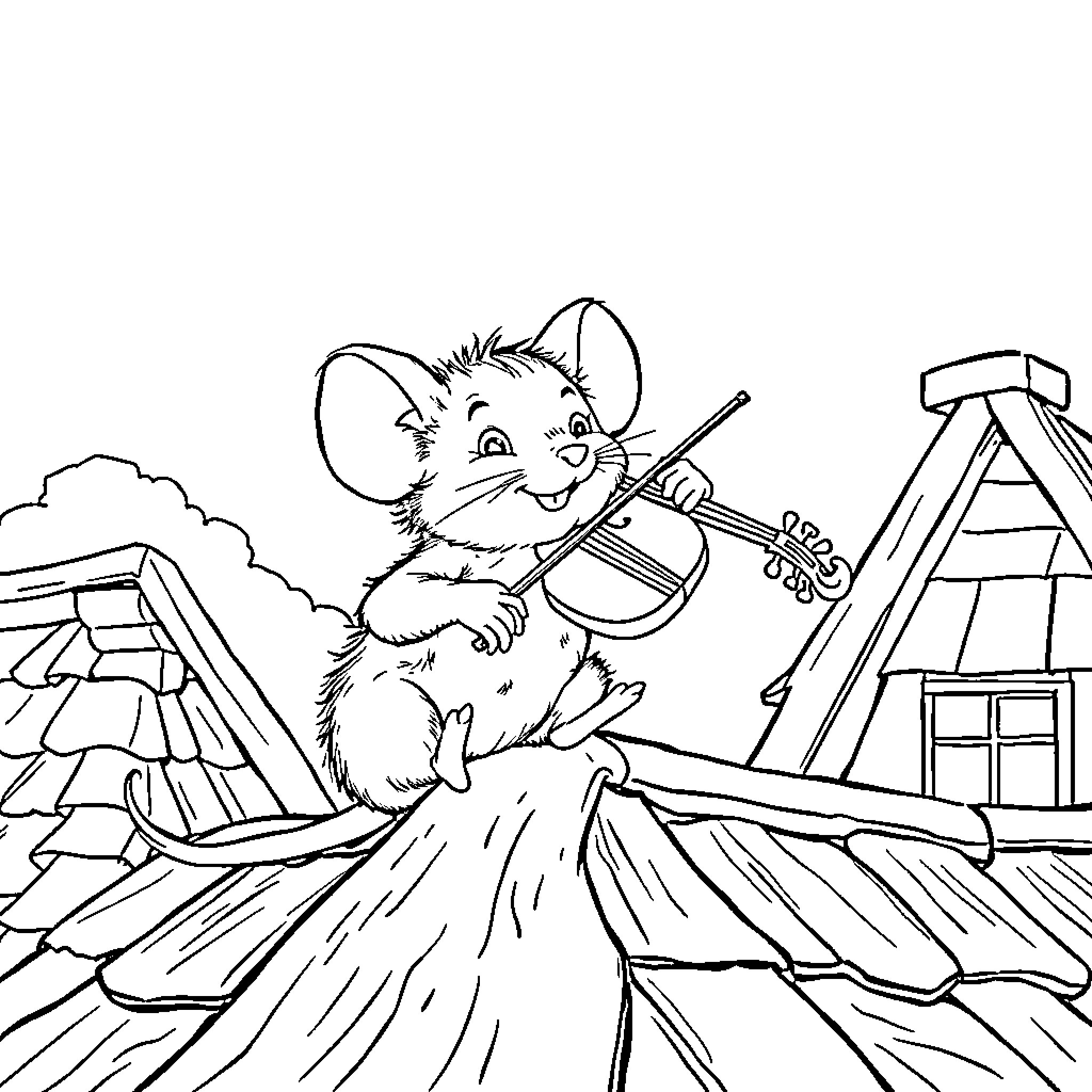 Fievel playing the violin in the countryside Coloring Page (free black-and-white line drawing printable PDF for all, from beginners to advanced learners, including children, teens, adults, and seniors)