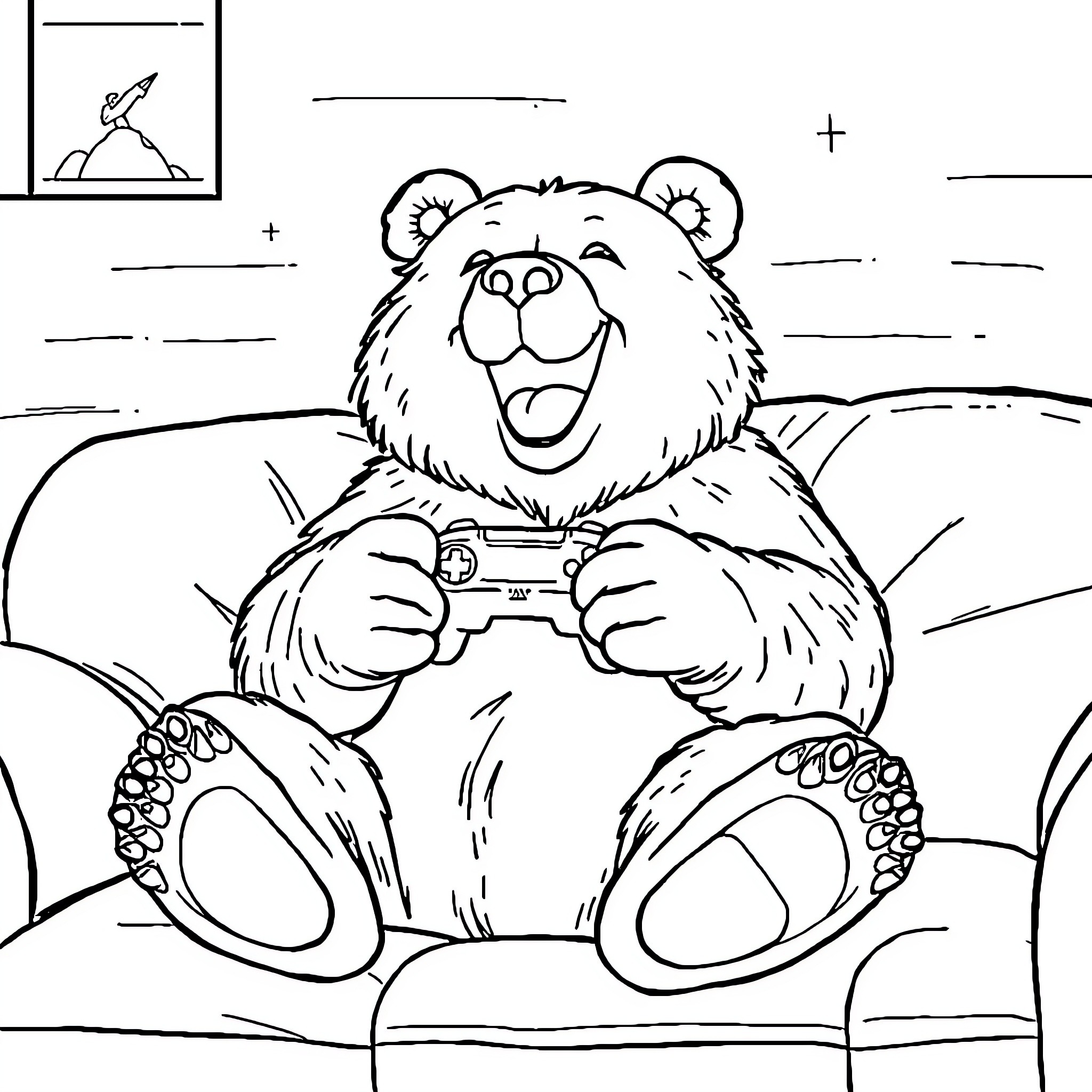 Grizzly Bear Playing with Gaming Controller Coloring Page (free black-and-white line drawing printable PDF for all, from beginners to advanced learners, including children, teens, adults, and seniors)