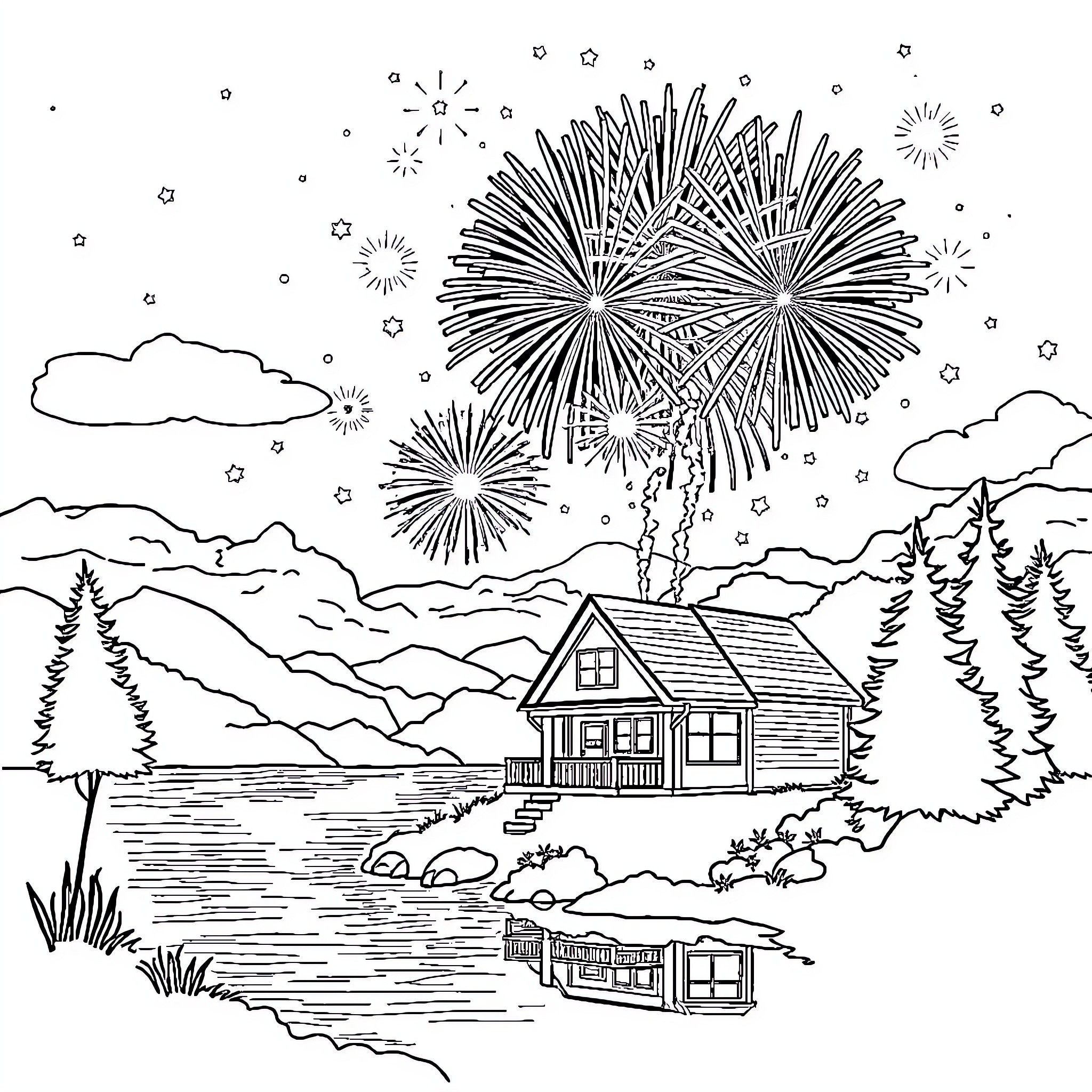 Firework display over a cozy cabin in the woods Coloring Page (free black-and-white line drawing printable PDF for all, from beginners to advanced learners, including children, teens, adults, and seniors)