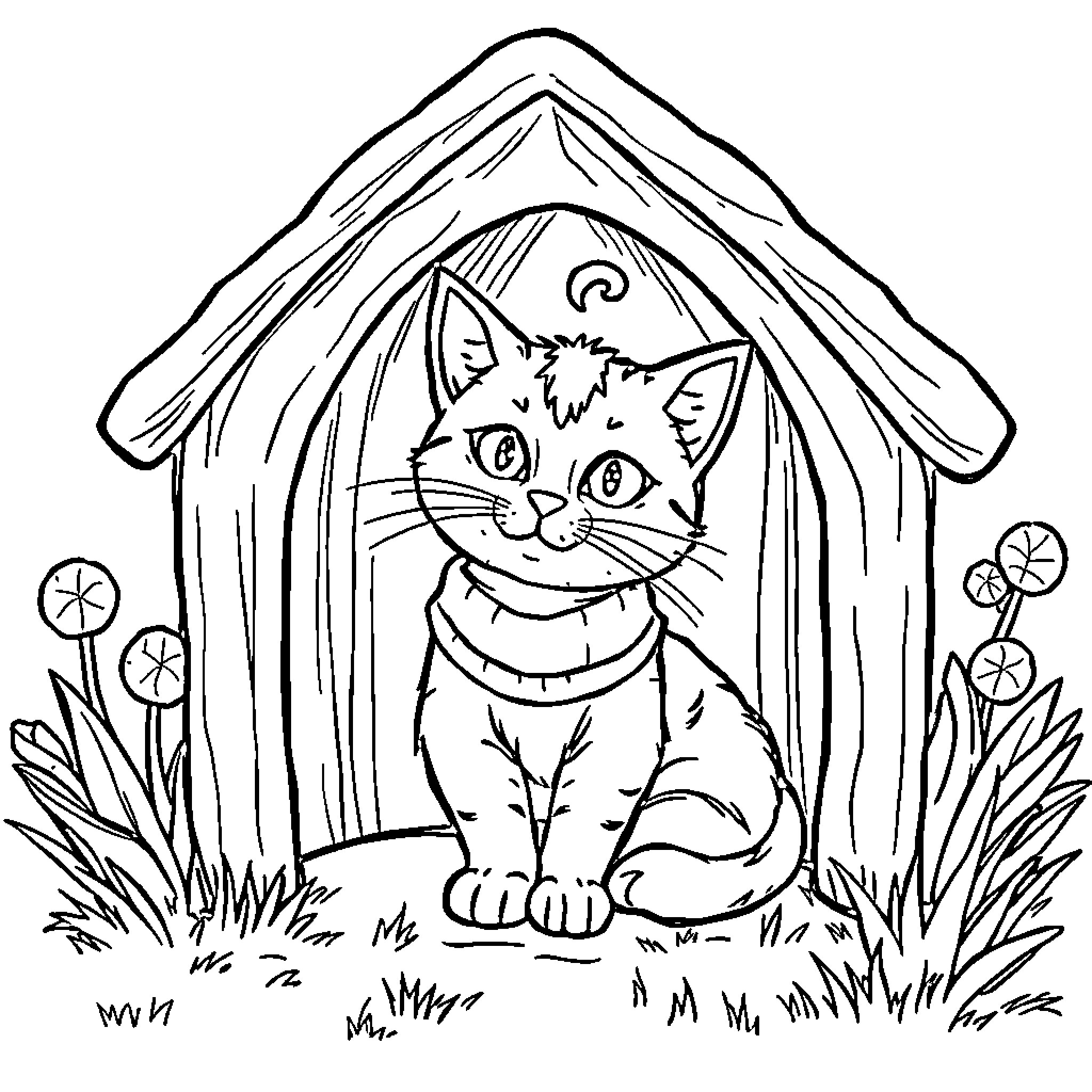 Gato in cozy cottage with playful expressions Coloring Page (free black-and-white line drawing printable PDF for all, from beginners to advanced learners, including children, teens, adults, and seniors)