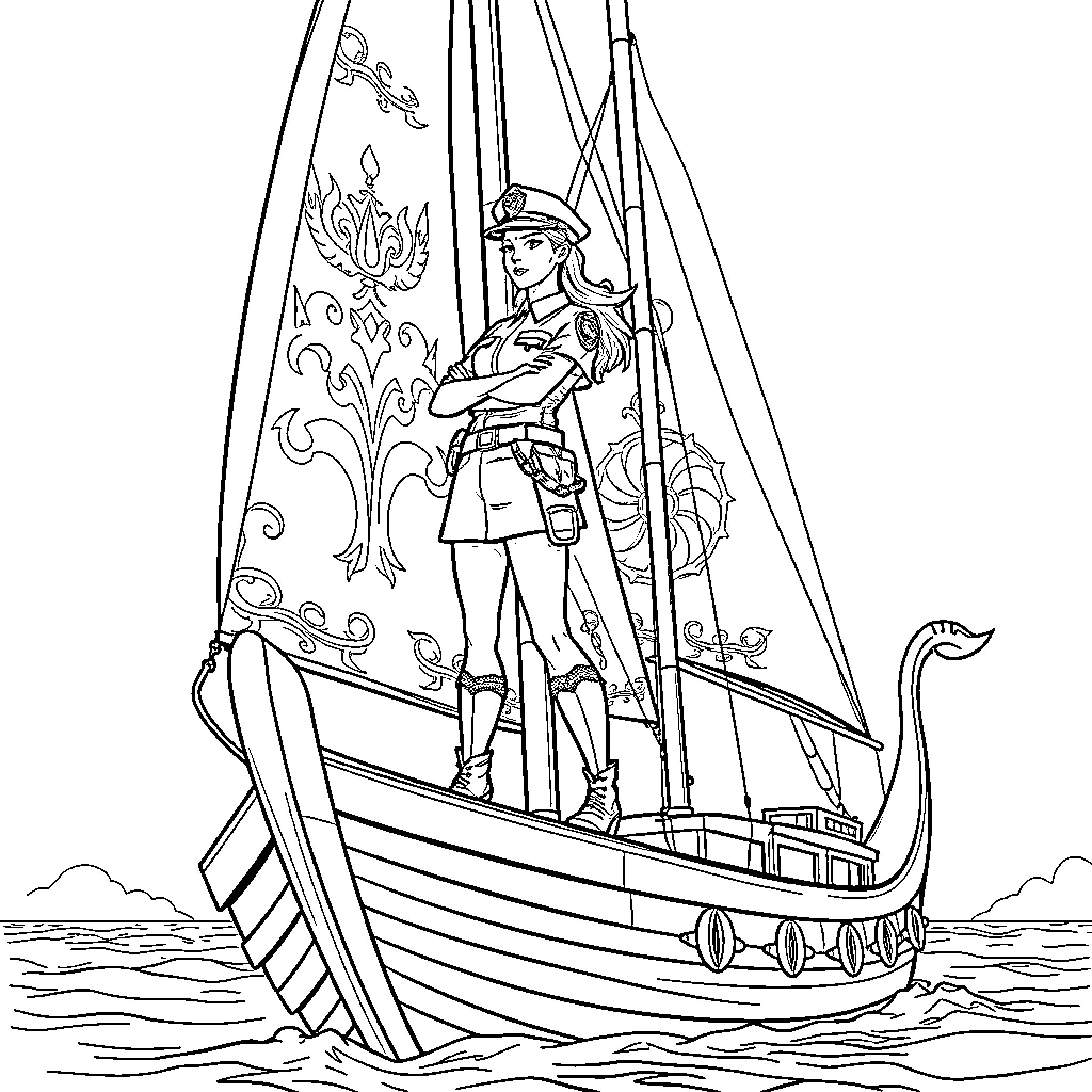 Police Officer on Ornate Sailing Vessel Coloring Page (free black-and-white line drawing printable PDF for all, from beginners to advanced learners, including children, teens, adults, and seniors)