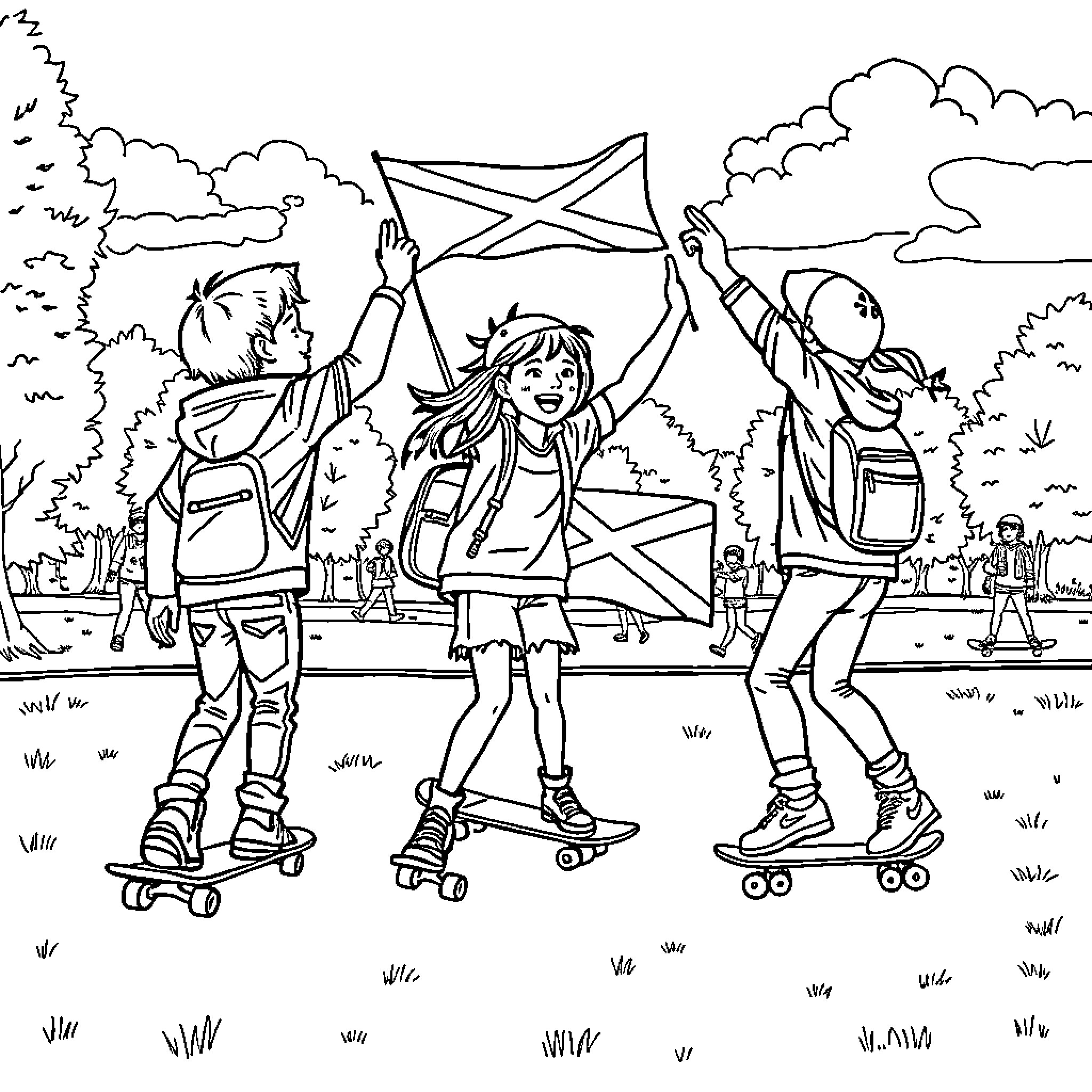 Kids playing and having fun on roller skates Coloring Page (free black-and-white line drawing printable PDF for all, from beginners to advanced learners, including children, teens, adults, and seniors)