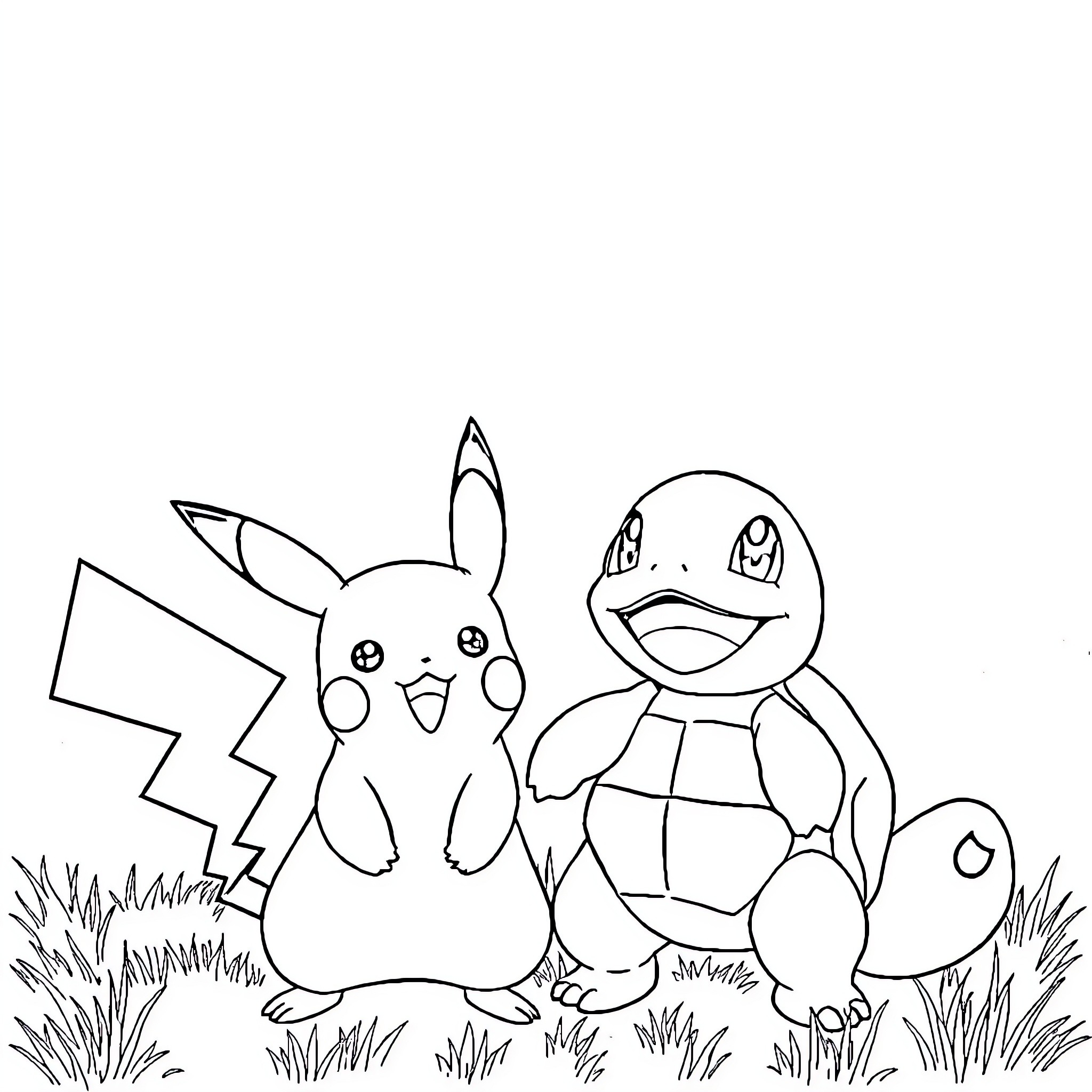Pikachu and Pokemon friends in the grass Coloring Page (free black-and-white line drawing printable PDF for all, from beginners to advanced learners, including children, teens, adults, and seniors)