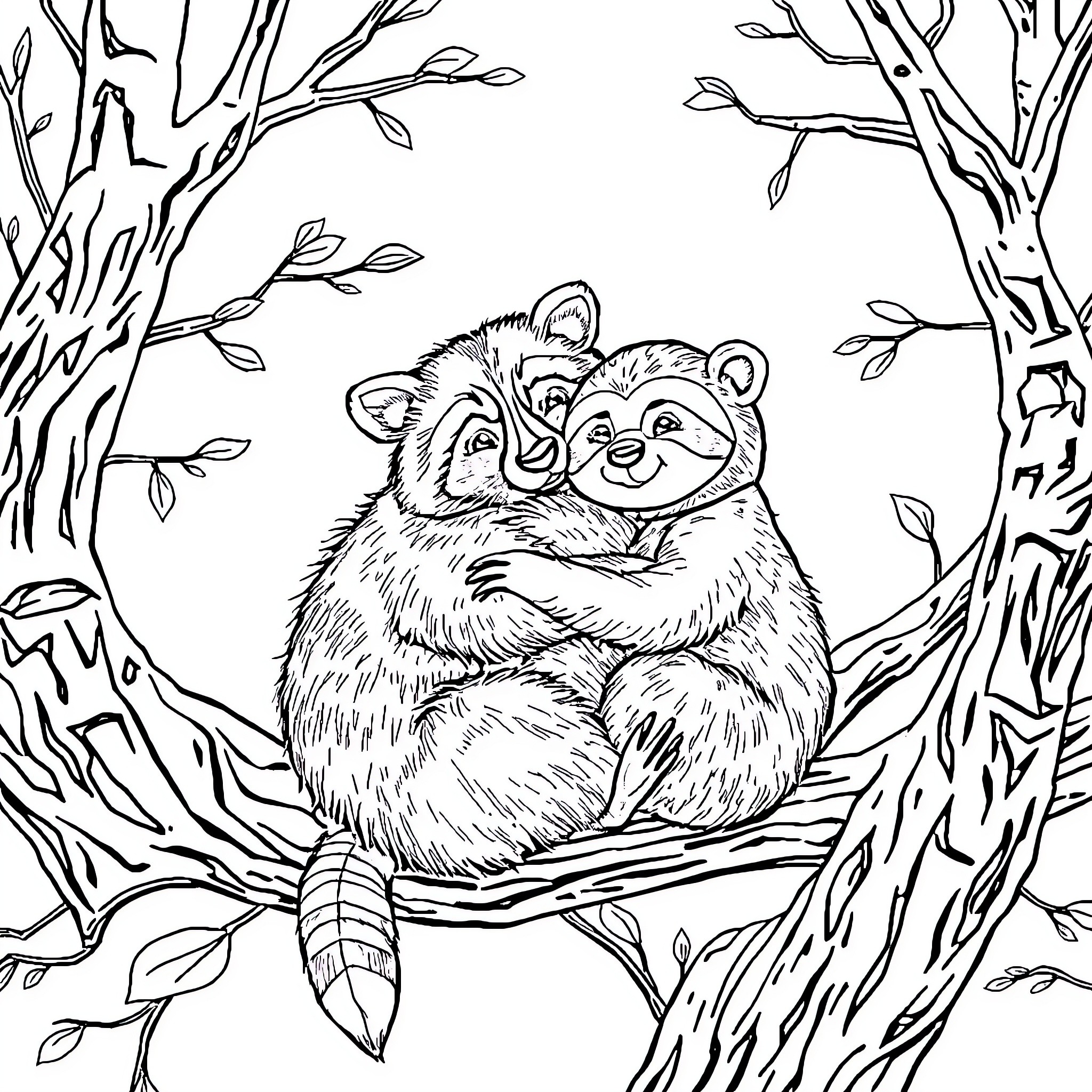 Raccoon couple cuddling in the forest Coloring Page (free black-and-white line drawing printable PDF for all, from beginners to advanced learners, including children, teens, adults, and seniors)
