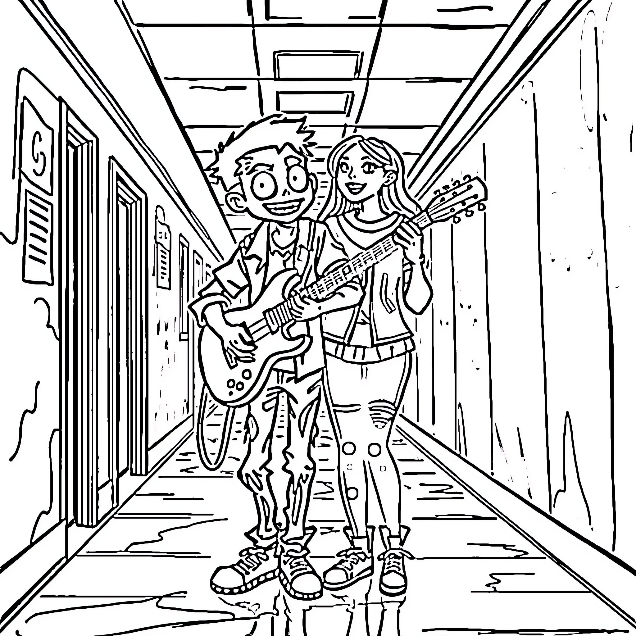 Zedd's Musical Adventure in the School Hallway Coloring Page (free black-and-white line drawing printable PDF for all, from beginners to advanced learners, including children, teens, adults, and seniors)