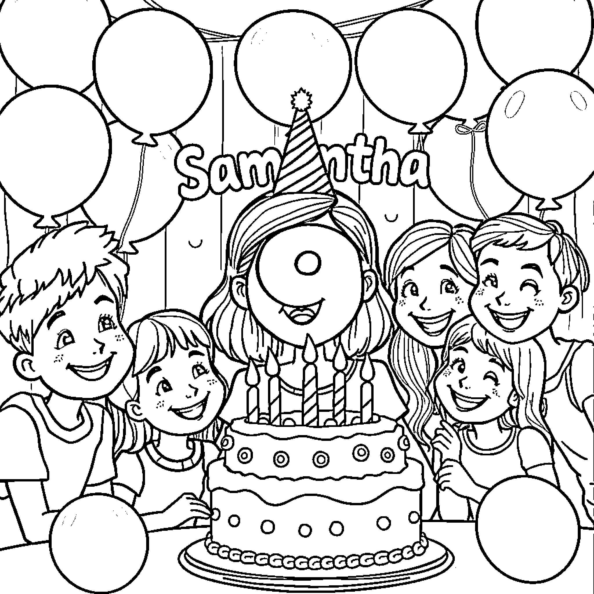 Birthday Celebration with Decorations and Cake Coloring Page (free black-and-white line drawing printable PDF for all, from beginners to advanced learners, including children, teens, adults, and seniors)